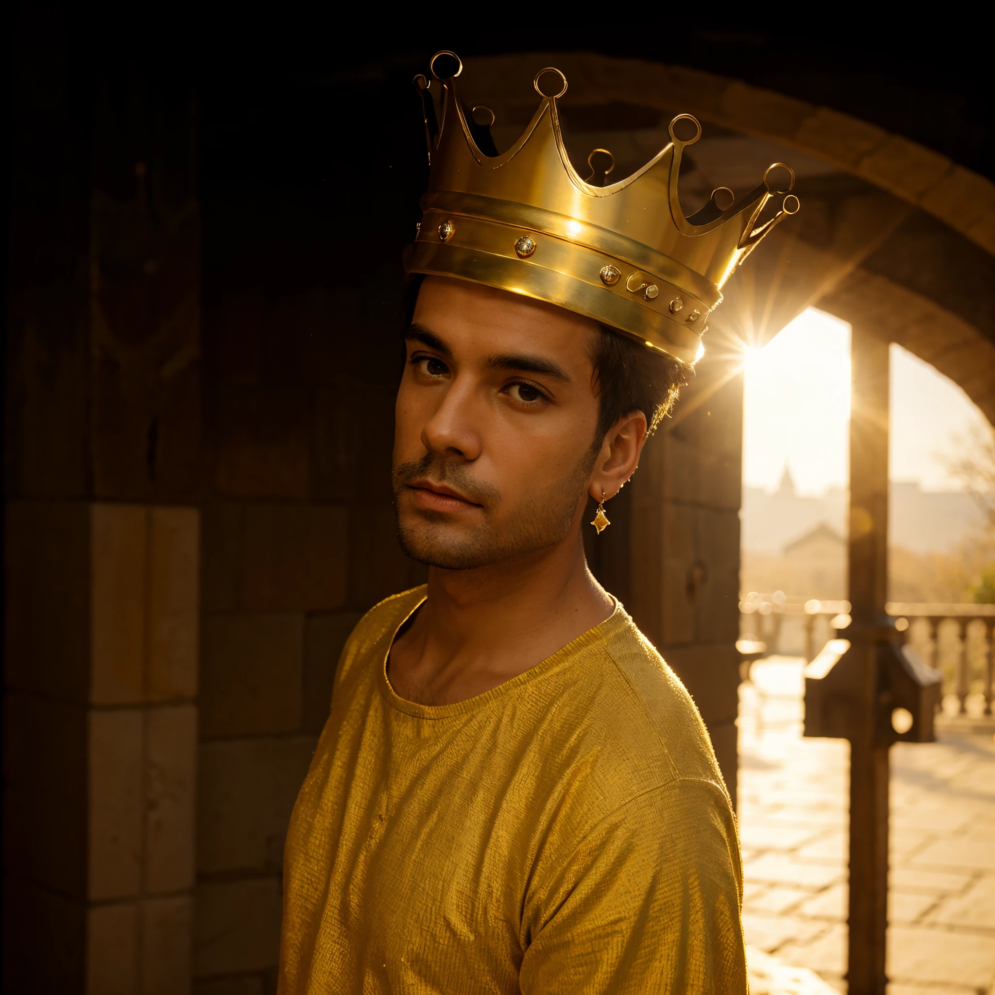 A man king wearing a crown of pure gold and diamonds, in a sunny castle courtyard