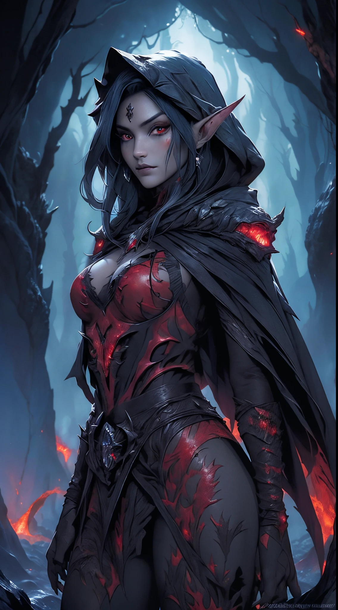 Drow, hembra, orejas puntiagudas, solamente, Once, ombligo, hood, piel coloreada, diafragma, Mirando al espectador, Cabello largo, capa, Elfo Oscuro, senos, cana, capucha hacia arriba, cabo, senos medianos, Capa con capucha, beltt, bolsa, ojos rojos, piel gris, ojos naranjas, Parte superior del cuerpo, arma, ojos brillantes, pieza de pintalabios, La mejor calidad)), arte por Greg Rutkowski, tendencias en Artstation,(fondo bosque tenebroso hojas grandes colors:1.4) ,(Perfect anatomy),(ojos hermosos azules),(Traje rojo textura de Lava volcano fuego:1.4), (vestuario rojo Lava fuego:1.4),lingerie sexy rojo,panties,