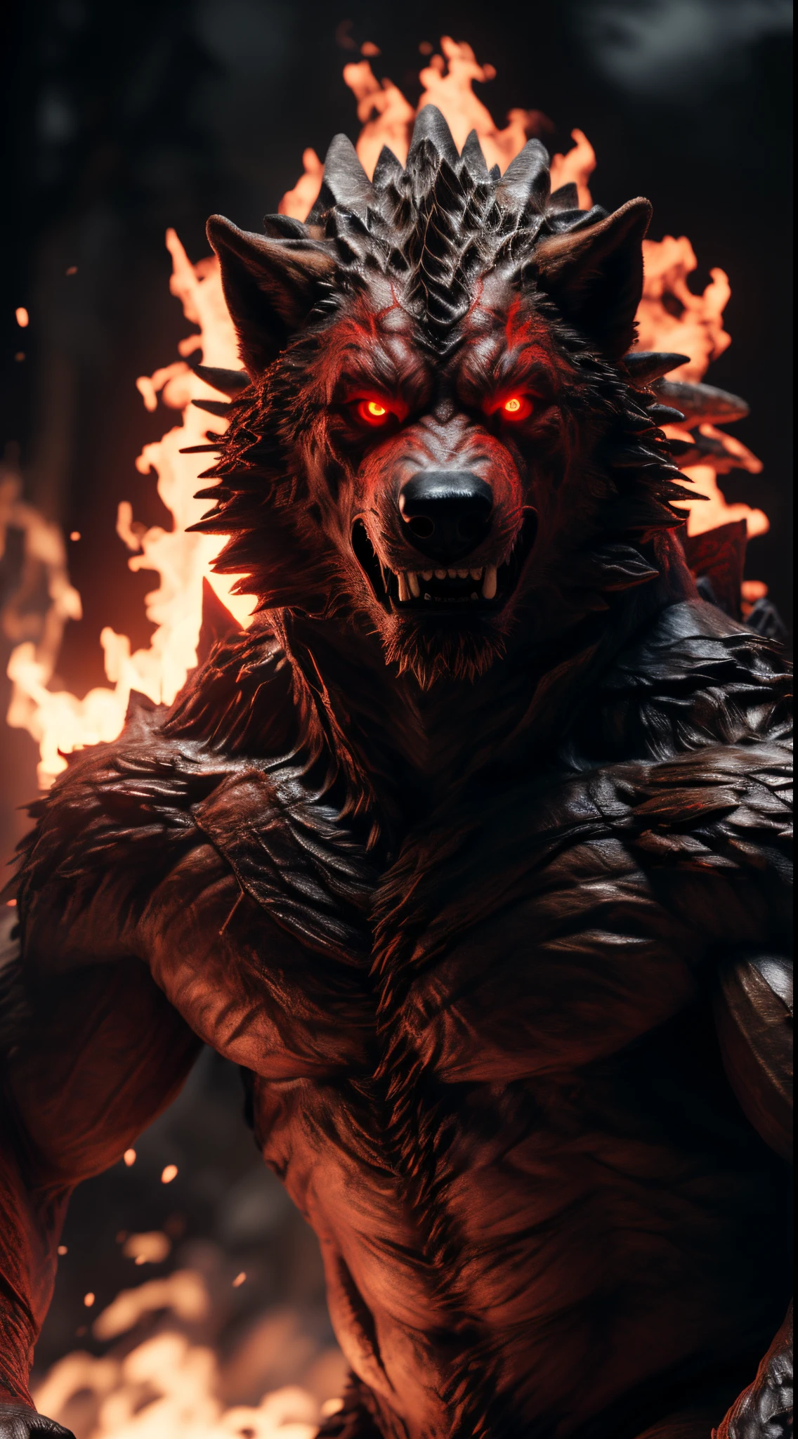 (best quality,16k,32k,highres,masterpiece:1.2),ultra-detailed,(realistic,photorealistic,photo-realistic:1.37),(The ultimate Orochi werewolf) glowing red eyes realistic fire background of totally destroyed mountain alone looking at the camera serious expression.