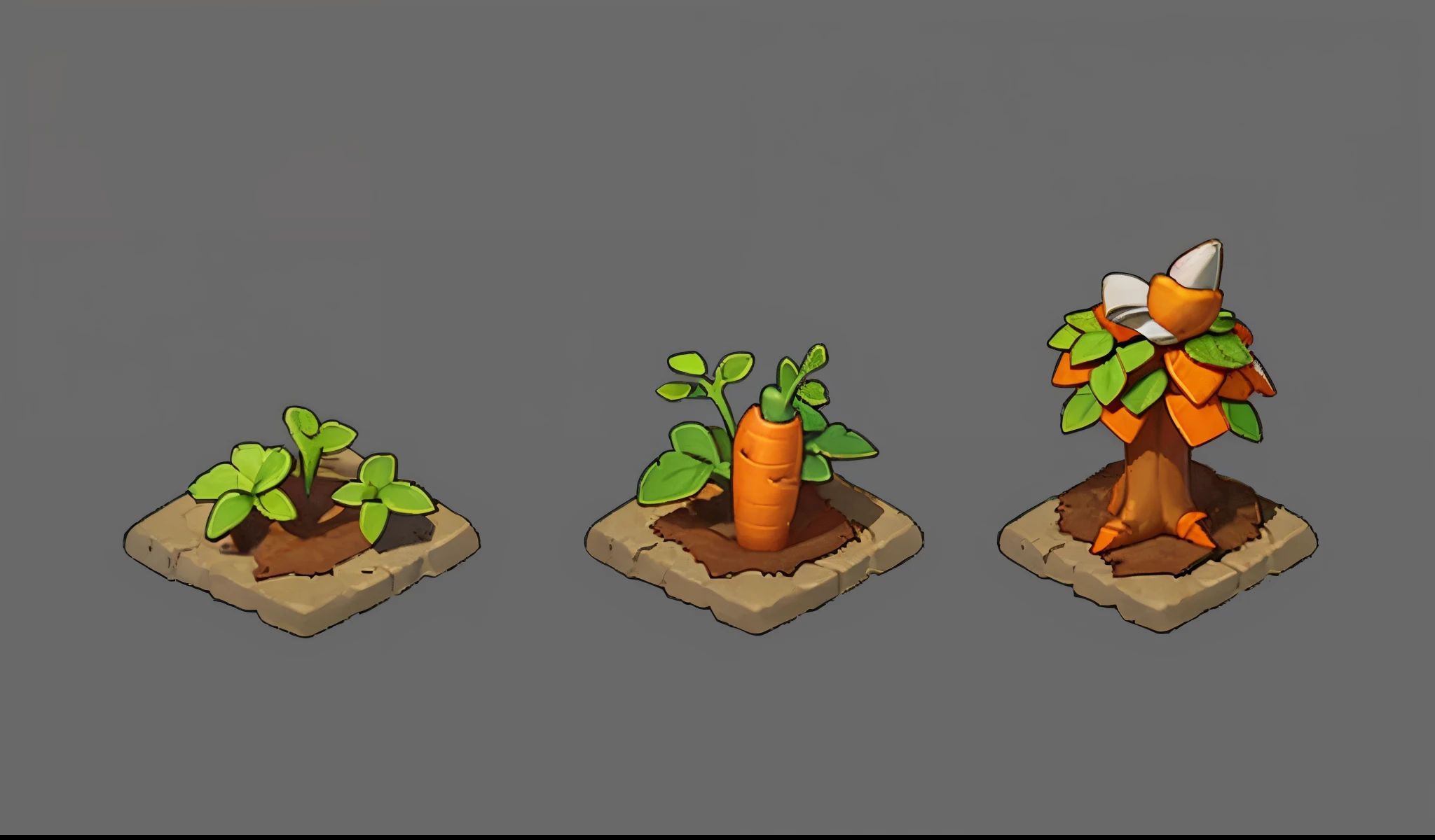 Plant growth process, reference sheet, , NOhumans, greybackground, Background with, still-life, a plant, leafs, naturey,Two carrots growing in the ground，There are leaves on it, radishes, radishes, orange plants, herbaceous plant, isometric game asset, Small plants, V tuber, verdure, hd illustration,quadratic element，lichen，lichen，Flattening，Flattening，2-dimensional，quadratic element，IOCN，Chinese