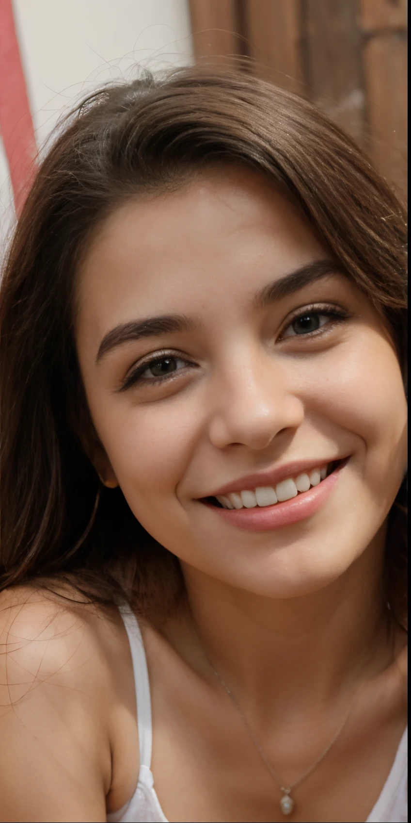 Menina loira sorrindo nua com peitos pequenos e munda grande