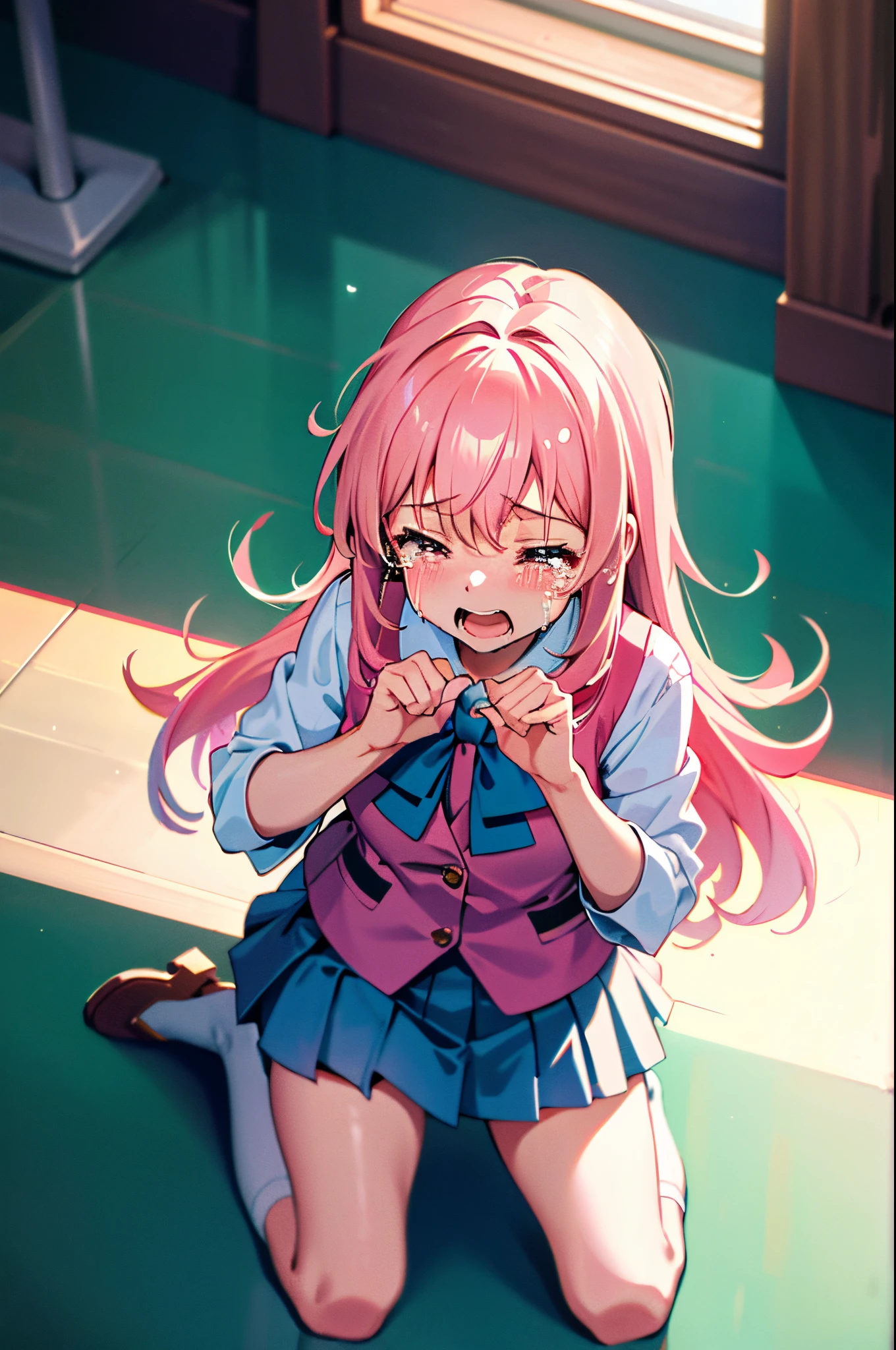Top Quality, Masterpiece, High Definition, Very Detailed, 8k, One Girl, Cute, Anime, Crystal Clear White Skin, Asian Girl, Sensual, Full Body, Young, Junior High School, 13 Years Old, Child, (Hair color is light pink), School hallway, Summer cute uniform, Hair rises fluffily, Miniskirt, Lift-up skirt, Crying loudly, Close both eyes, scream, Awesome anger, High angle, crying, Looking up, kneeling hands crying on floor, front camera