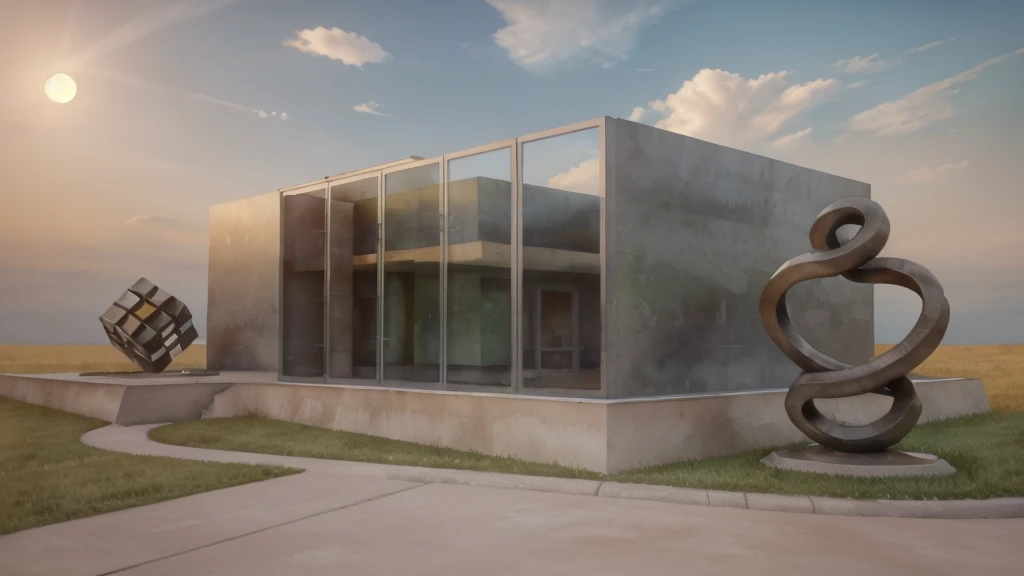 A rendering of a plaza in front of one office building, stone pathway to building and from right to left, one steel sculpture on the left and one steel sculpture on the right, hilly grass between building and plaza, ((nice grass lawn)), beautiful sky, pretty sunset, two-point perspective, human perspective, realistic, masterpiece, ultra-detailed, 4K, photographic rendering, commercial