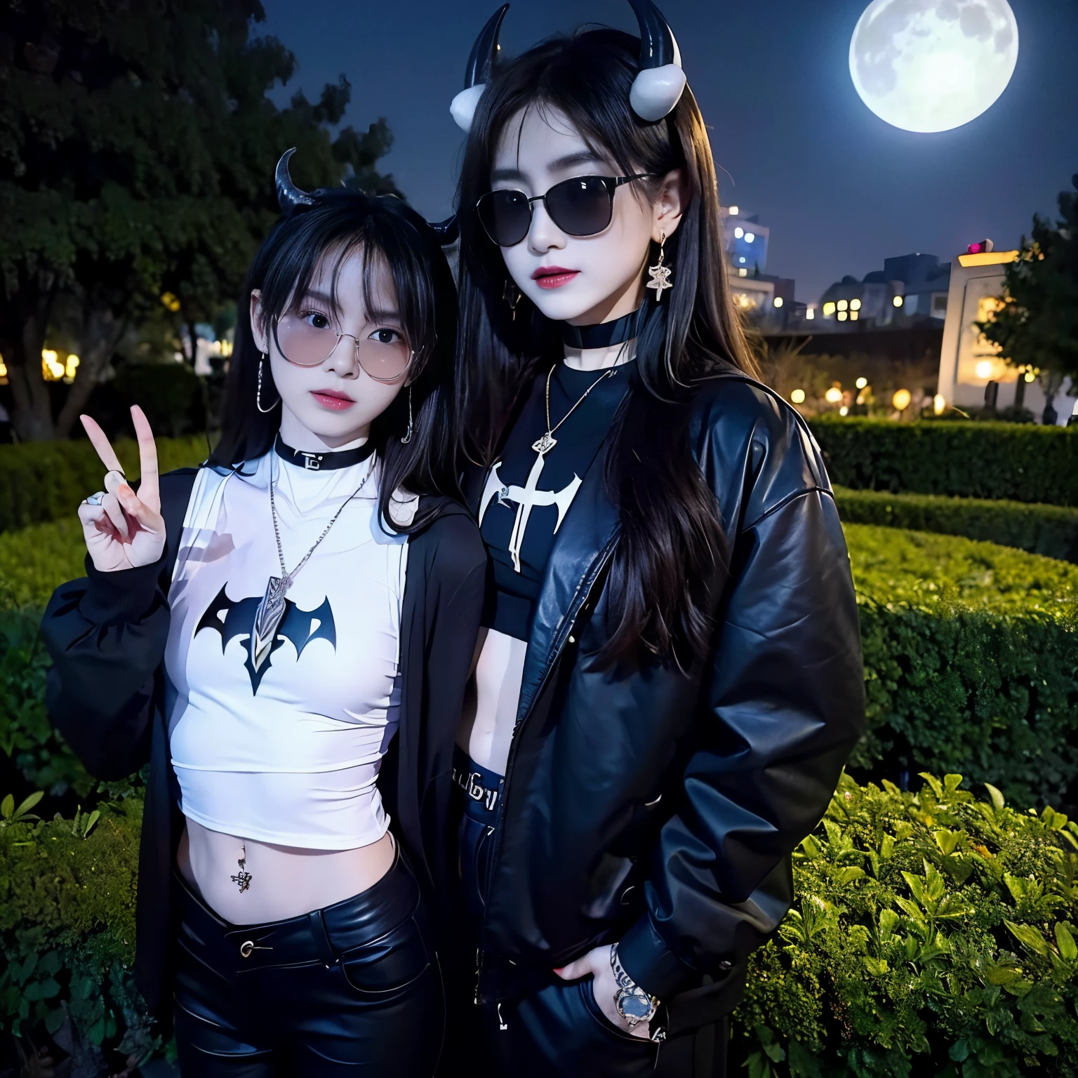 sunglasses, 1 girl with jesus, black pants, black jacket, long sleeves, halo, demon horns, standing on the garden, choker, midget, super villain, cross necklace, earrings, jewellery, jesus, jesus christ, cross tatto, sunglasses, evening with moon in the sky