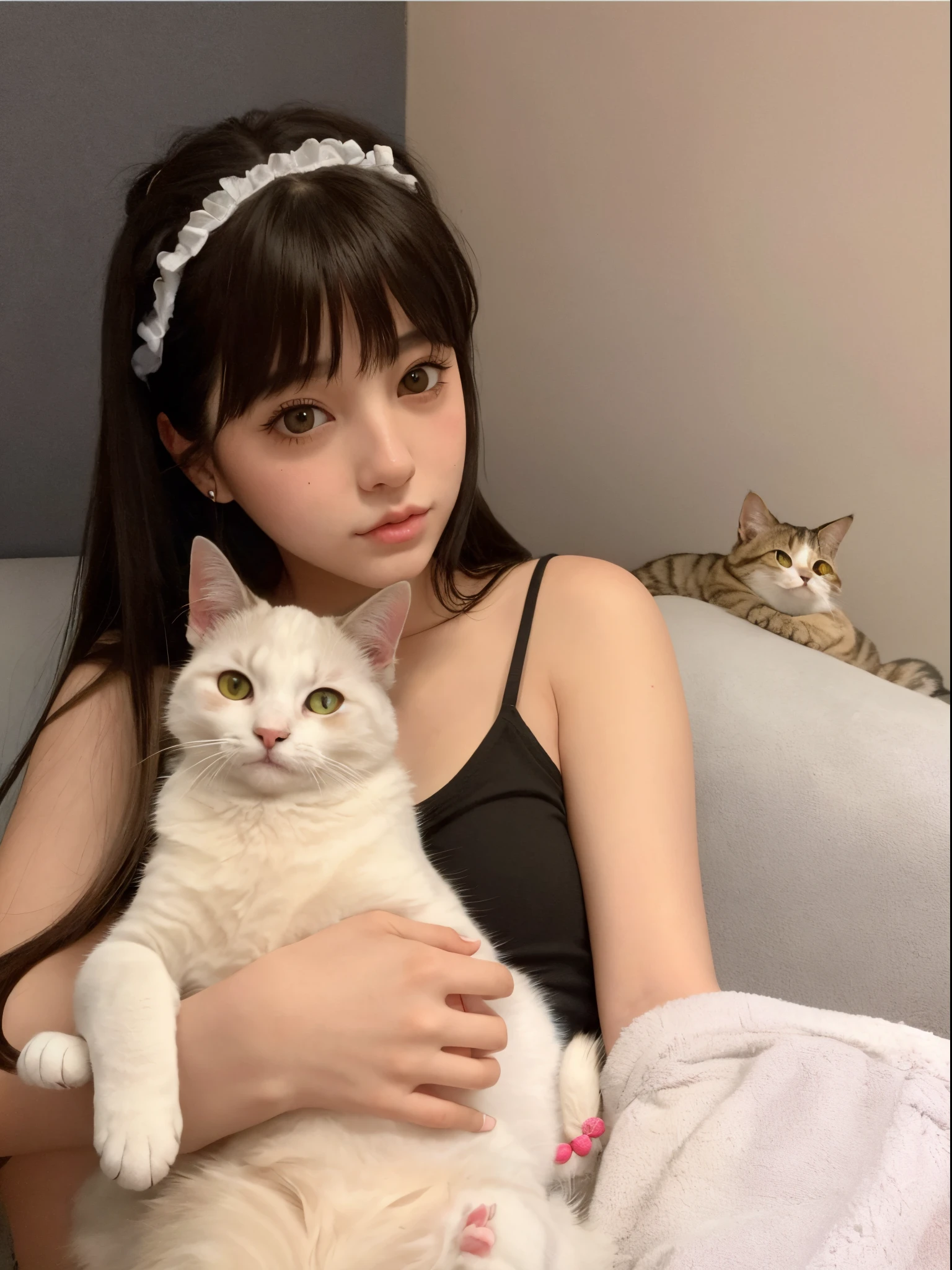 hay una mujer sosteniendo un gato en su regazo, Very beautiful cute catgirl, Blanco ( gato ) girlish, Atractiva chica gato, Chica gato blanco, with small cat on his lap, Beautiful young catgirl, Foto de perfil, Chica con orejas de gato, ulzzang, Lalisa Manobal, Emo girl and her cat, Grandes mejillas sosteniendo a su gato, Shikamimi