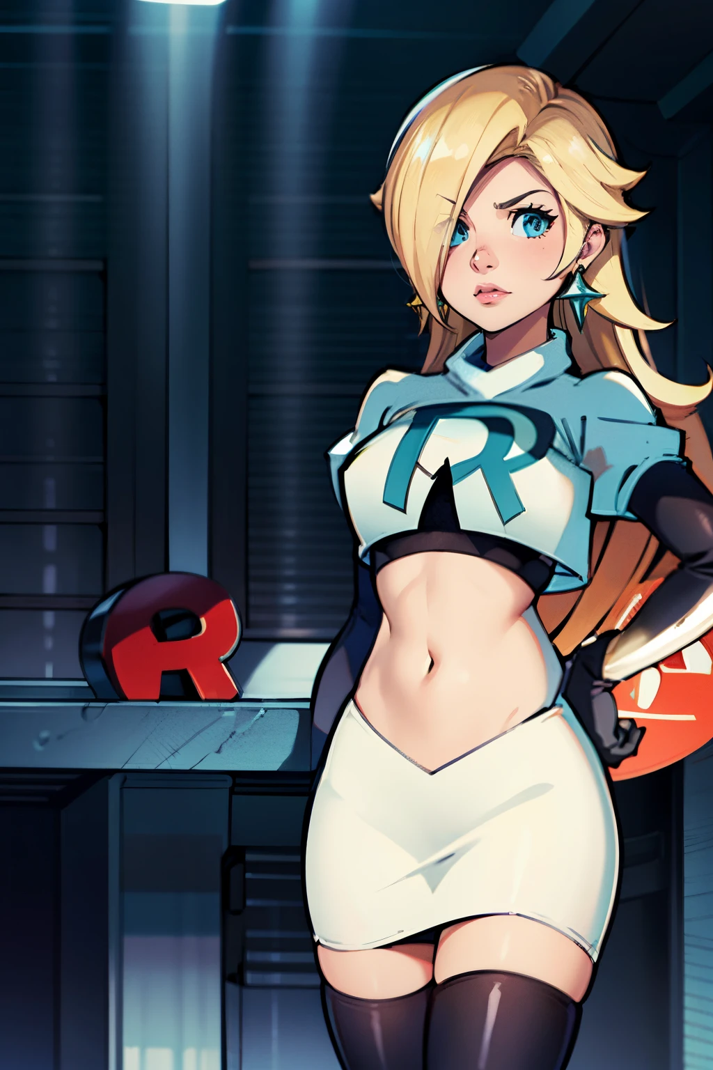 rosalina,team rocket,team rocket uniform, red letter R, white skirt,white crop top,black thigh-highs,black elbow gloves,