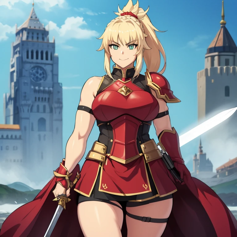 best quality, masterpiece, highres, solo, {mordred_fgo:1.15}, blonde_hair, long_hair, ponytail, green_eyes, braid, scrunchie, hair_ornament, red_scrunchie, bangs, hair_scrunchie, breasts, smile, large_breasts, 1girl, armor, looking_at_viewer, sword, gauntlets, weapon