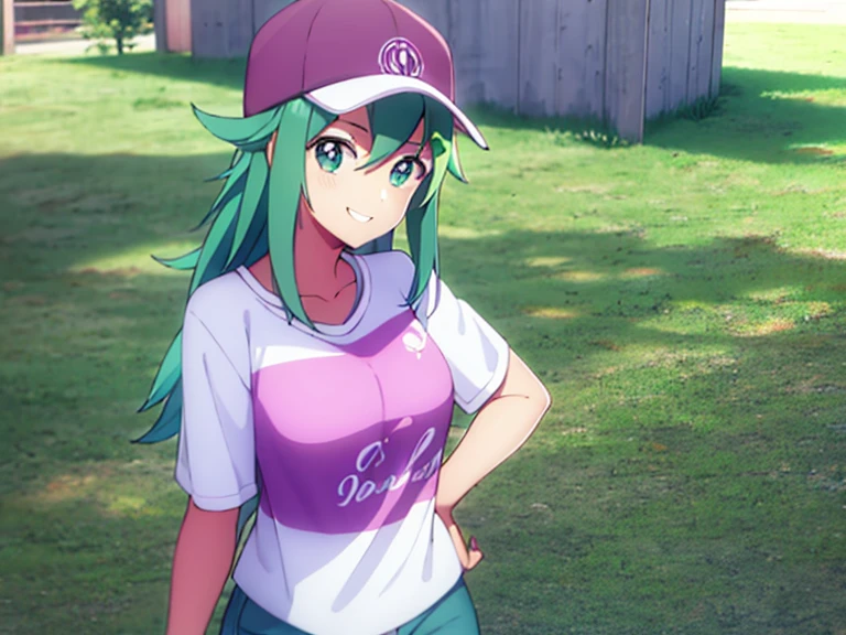 Beautiful 18 year old girl in pink cap and jeans, cabelo longo verde,sorrindo, lindos olhos verdes sorridentes fofa