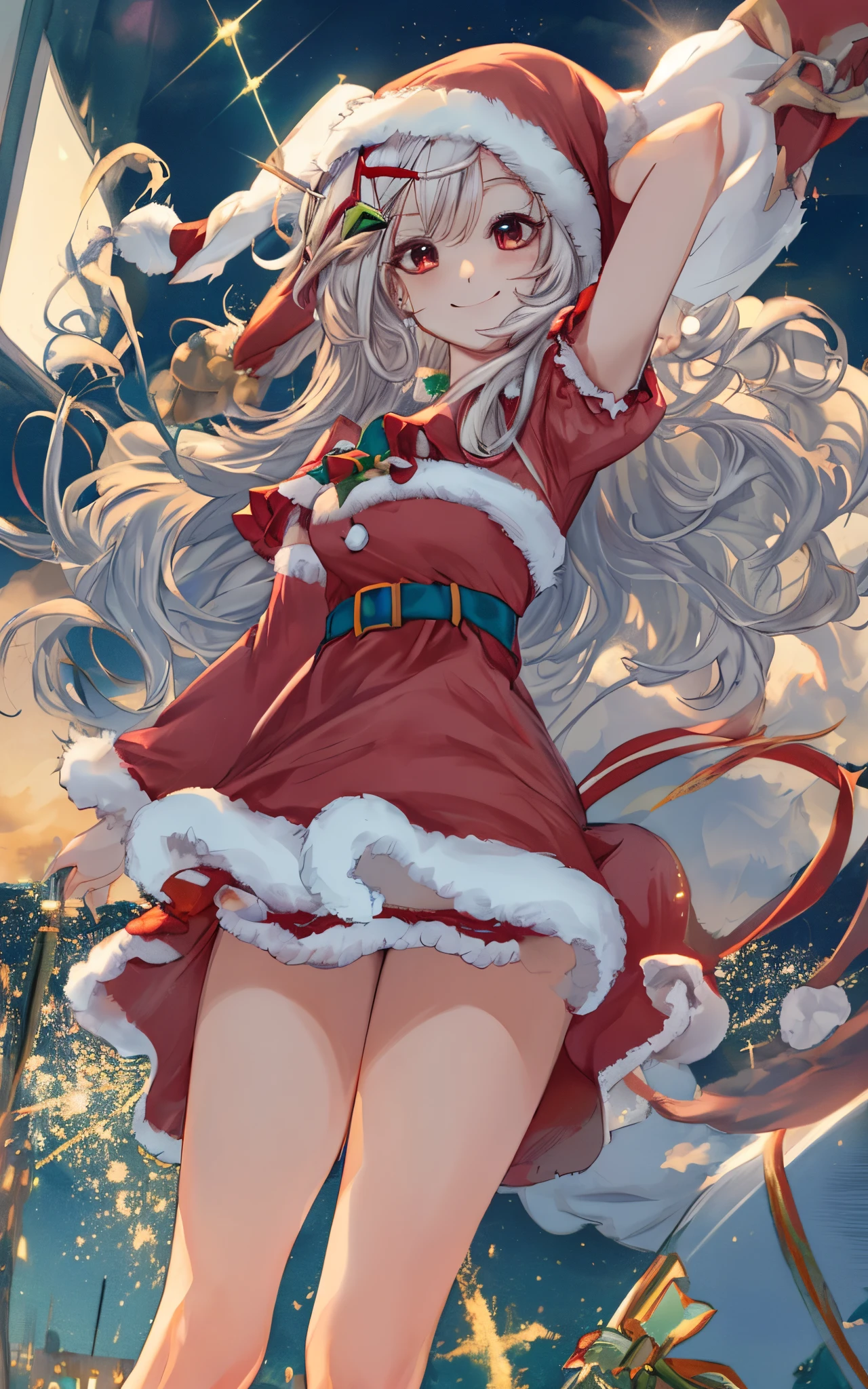 The theme was windows, the perfect human body, Christmas night, (((she wore a Santa outfit decorated with lots of frills. short dress style Santa outfit))), smiles, long hair, beautiful woman, hair ornaments, sparkles, bare thighs, cloud, big hat, lights,