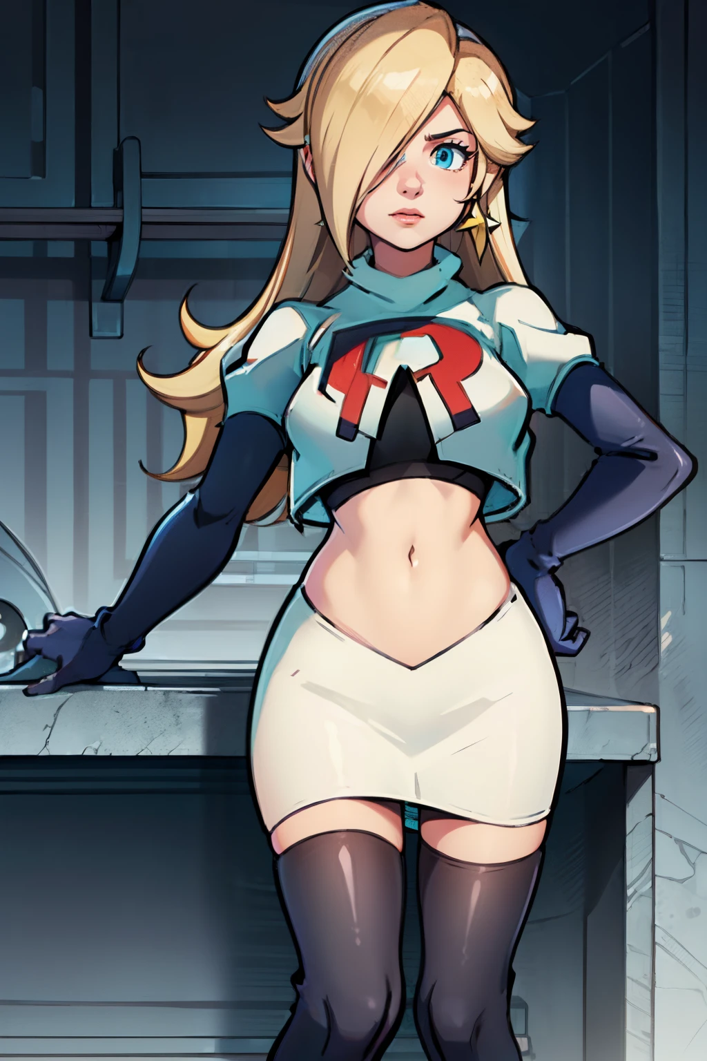 rosalina,team rocket,team rocket uniform, red letter R, white skirt,white crop top,black thigh-highs,black elbow gloves,