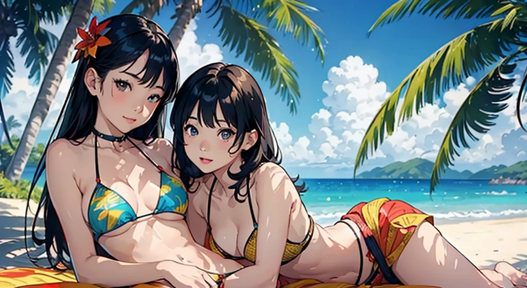 ​masterpiece、top-quality、超A high resolution、 [ 4 k digital art ]!!、 8k high quality detailed art、Wallpaper、 Detailed Digital Anime Art、Realisticity、Cinema Angle、hposing Gravure Idol、(((Two beautiful girls)))、((Two people lying down and touching each other cheek to cheek))、cute  face、 ((Detailed depiction of a beautiful face))、kindly smile、年轻、Bikini swimwear、Photorealistic perfect body、(Bold ethnic patterns wrapped around the waist and skirt and plenty of primary colors)、light Particle、llight rays、Tropical、Against the background of palm trees on both sides、on a sunny beach、Against the background of the sea、blur backgroun、