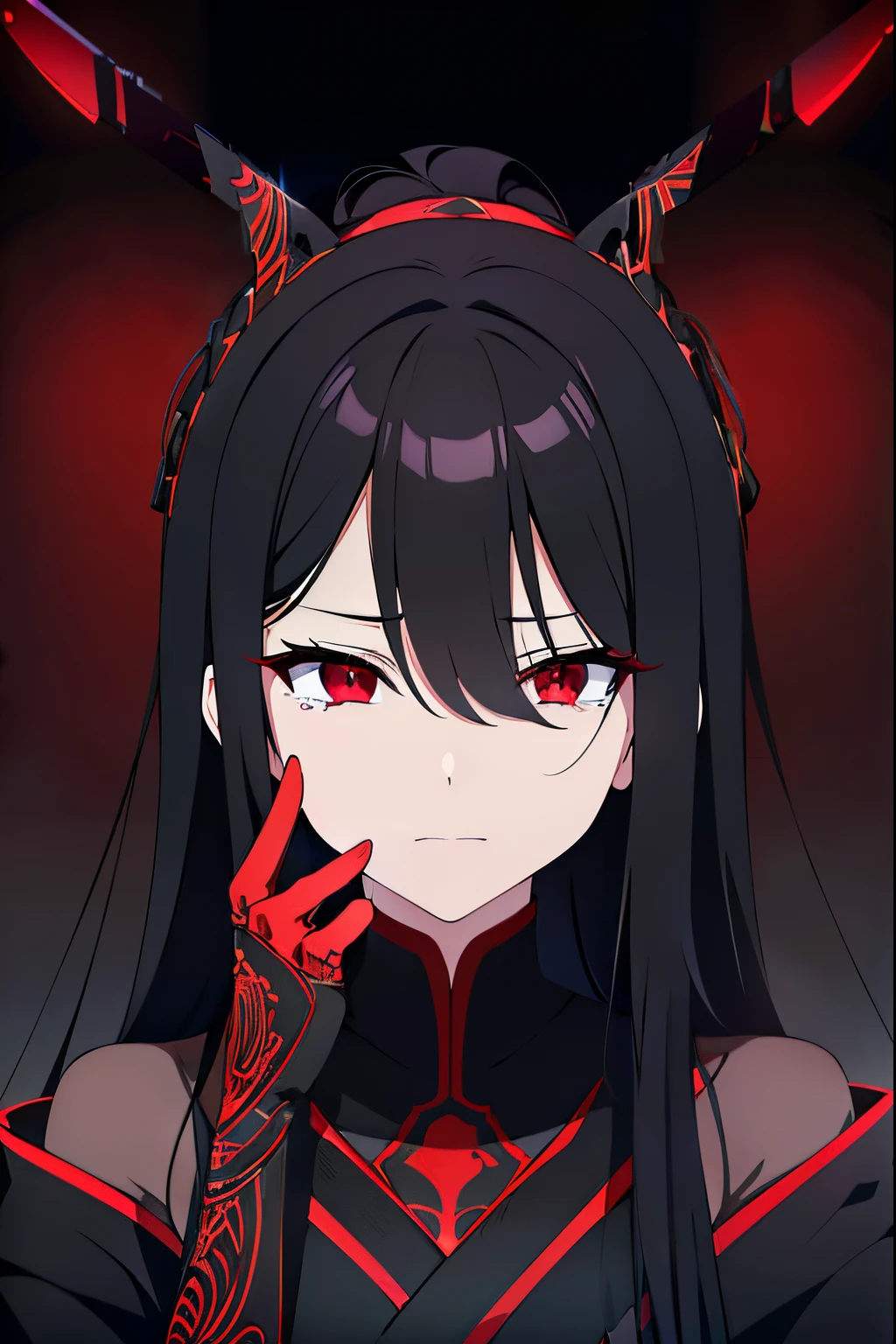 scene:0.9, (masterpiece), best quality, (((ultra detailed, 8k quality))), looking at viewer, (flowing black hair, side bang, expressive red eyes:0.7, glowing red eyes), (depth perception:0.7, black background, blurry background), ((torso)), ((centered)), feminine, sad, lonely, crying, distraught face, surrounded by darkness, (distanced), ((in the distance surrounded by darkness)), (head tilted up), looking at viewer , (perfect hand)