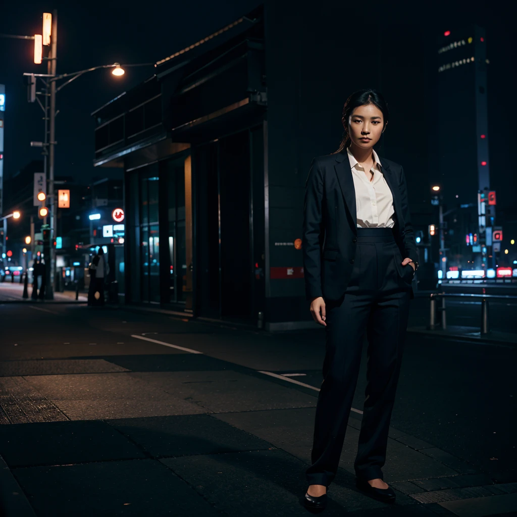 an asian model pose for photoshoot wearing blazer suit and long pant, background city of japan, night, dark, cinematic, colorful