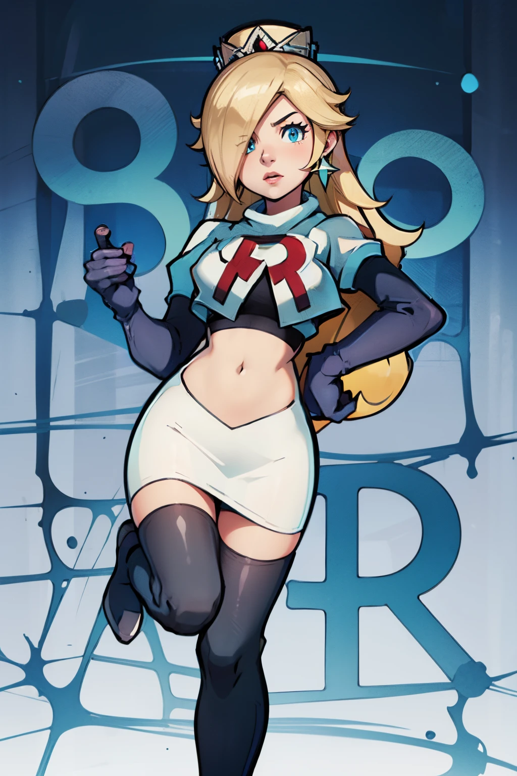 rosalina,team rocket,team rocket uniform, red letter R, white skirt,white crop top,black thigh-highs,black elbow gloves,