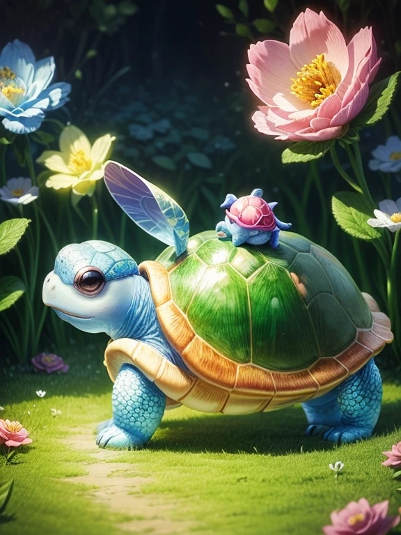 ((Fairytale)), ((The cute turtle illustration  drawn)), largeeyes, Round eyes, eyes glowing, (a variety of poseeautiful garden in the background, Colorful flowers bloom, Pink, blue and yellow flowers. bathed in light, The floor  studded with sparkling jewels. The light of diamonds and the light of emeralds spread out beautifully like stars.