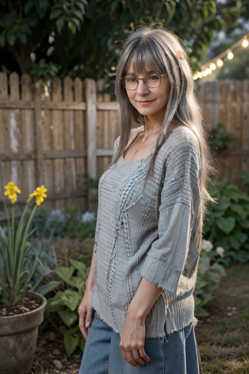 (elderly woman in her 58s) (old grandmother) (slender body) (thin body), (shaggy cut gray hair) long hair (hair bangs) (blue eyes) (white skin) happy expression. full body, western face, ((Location: garden)) long hair Shaggy cut, expression marks, wrinkles, old face, big eyes. ((glasses)) (smiling face) standing, day. (country town)(yellow lights, warm lights)((clothes of a country grandmother))((standing))(front view (looking at the viewer)