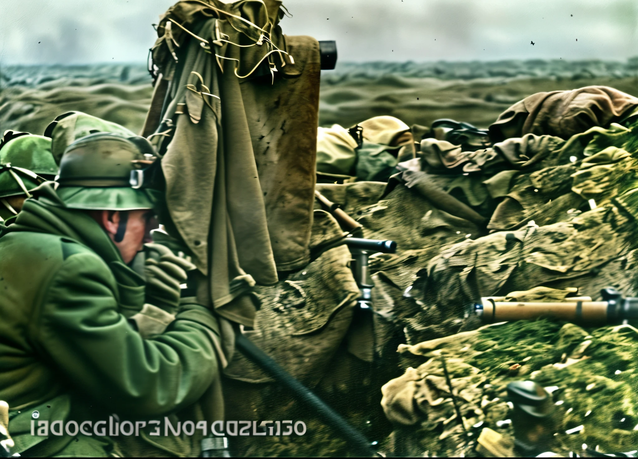 arafed soldier in a trench with a machine gun and a blanket, ww 2 historical photography, ww2 historical photography, war photography, anti-tank rifle, german and soviet soldiers, ww2 historical photo, war photo, ww2 photo, soldier under heavy fire, in trenches, door gunner, heavy machinegun on top, with anti aircraft guns