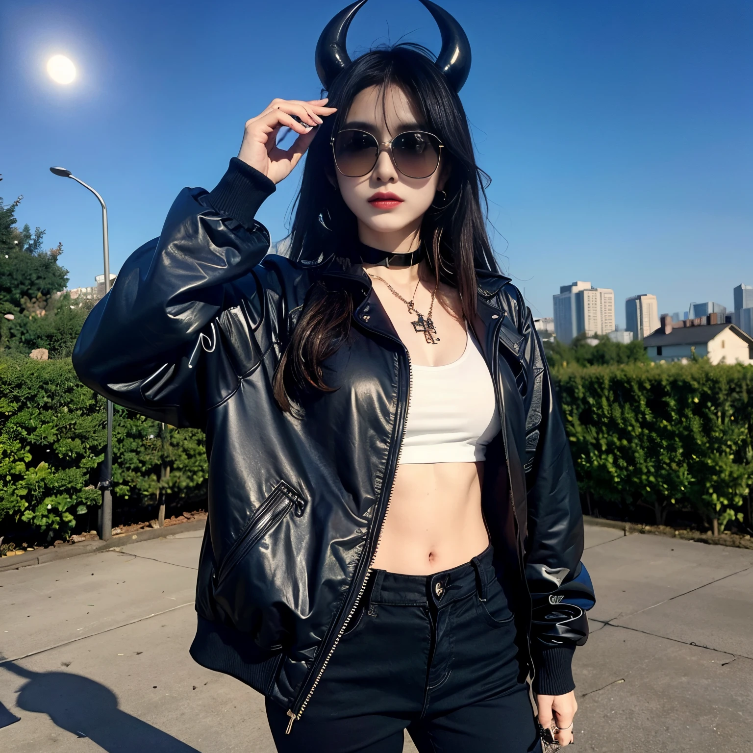 sunglasses, 1 girl with jesus, black pants, black jacket, long sleeves, halo, demon horns, standing on the garden, choker, midget, super villain, cross necklace, earrings, jewellery, jesus, jesus christ, cross tatto, sunglasses, evening with moon in the sky