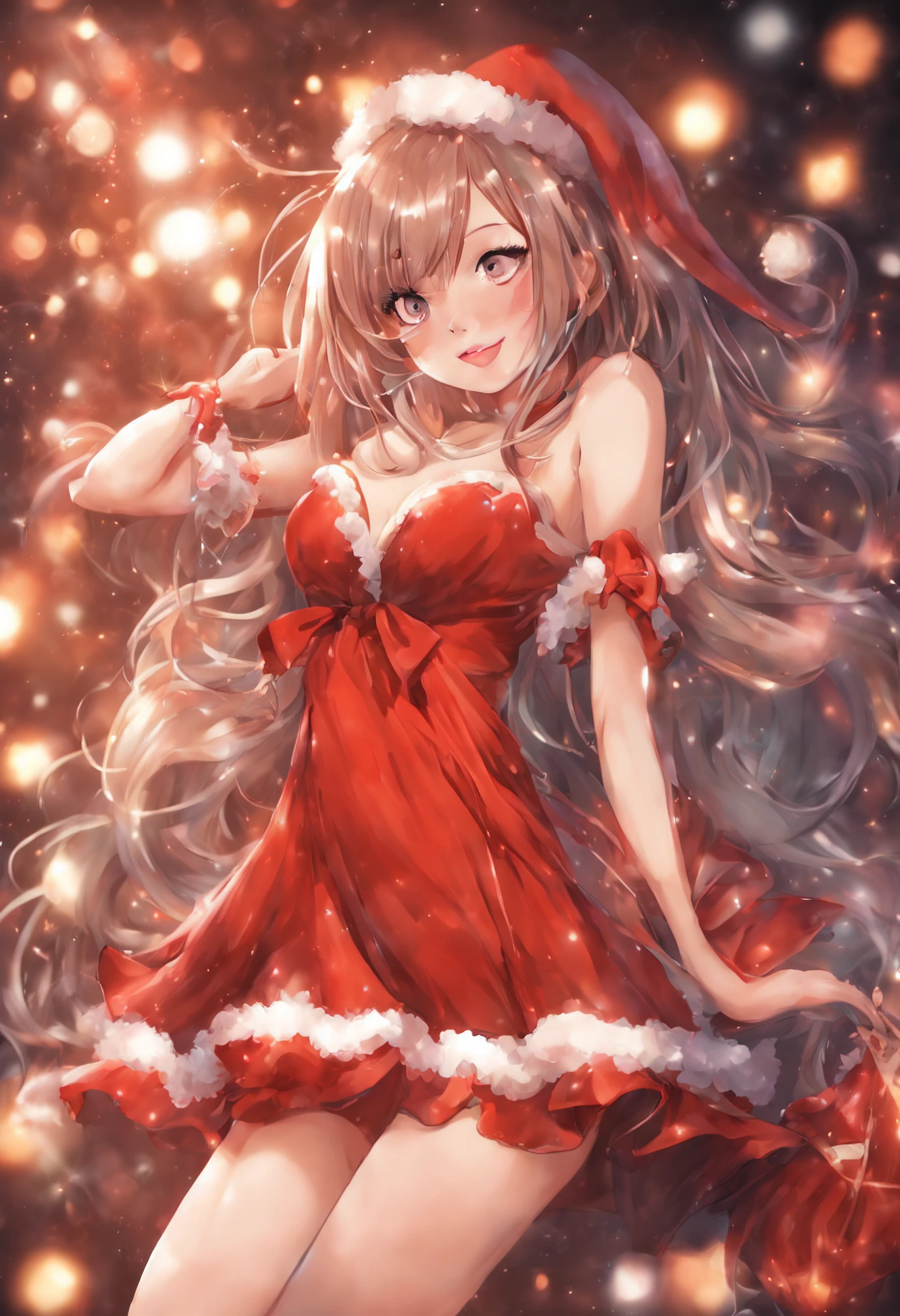 The theme was windows, Perfect human body, christmas night, (((She was wearing a Santa costume with lots of frills.. short dress style santa costume))), Smiles, Long hair, Beautiful woman, Hair ornaments, brilliance, Bare thighs, cloud, Big hat, A light,