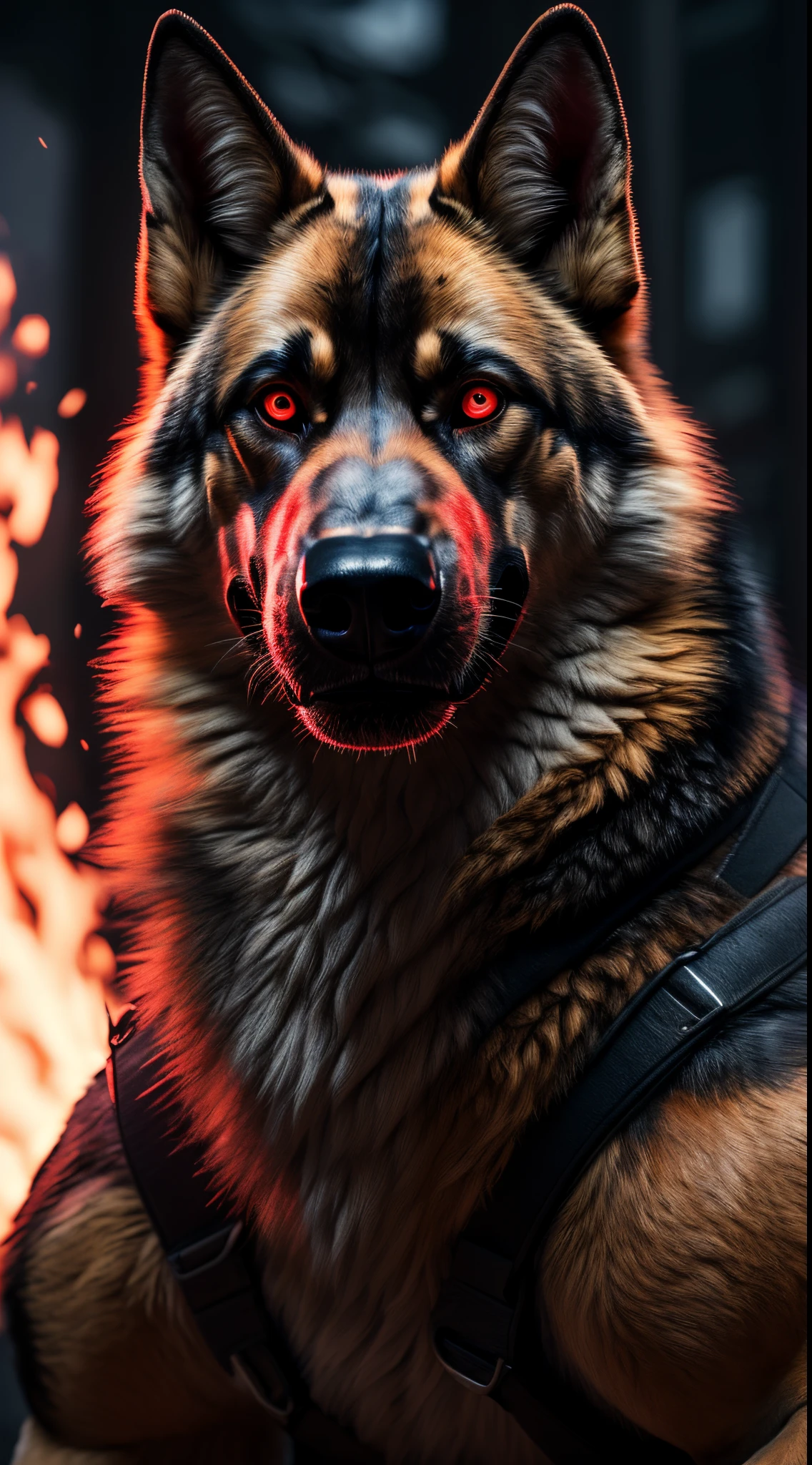 (best quality,16k,32k,highres,masterpiece:1.2),ultra-detailed,(realistic,photorealistic,photo-realistic:1.37),(The ultimate Orochi German Shepherd) glowing red eyes realistic fire background of totally destroyed Zoo alone looking at the camera serious expression.