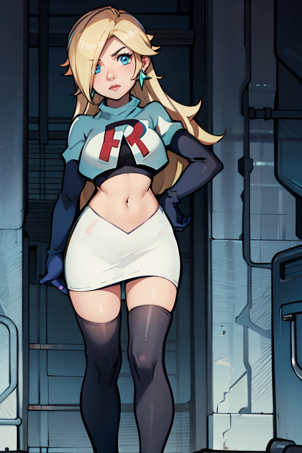 rosalina,team rocket,team rocket uniform, red letter R, white skirt,white crop top,black thigh-highs,black elbow gloves,