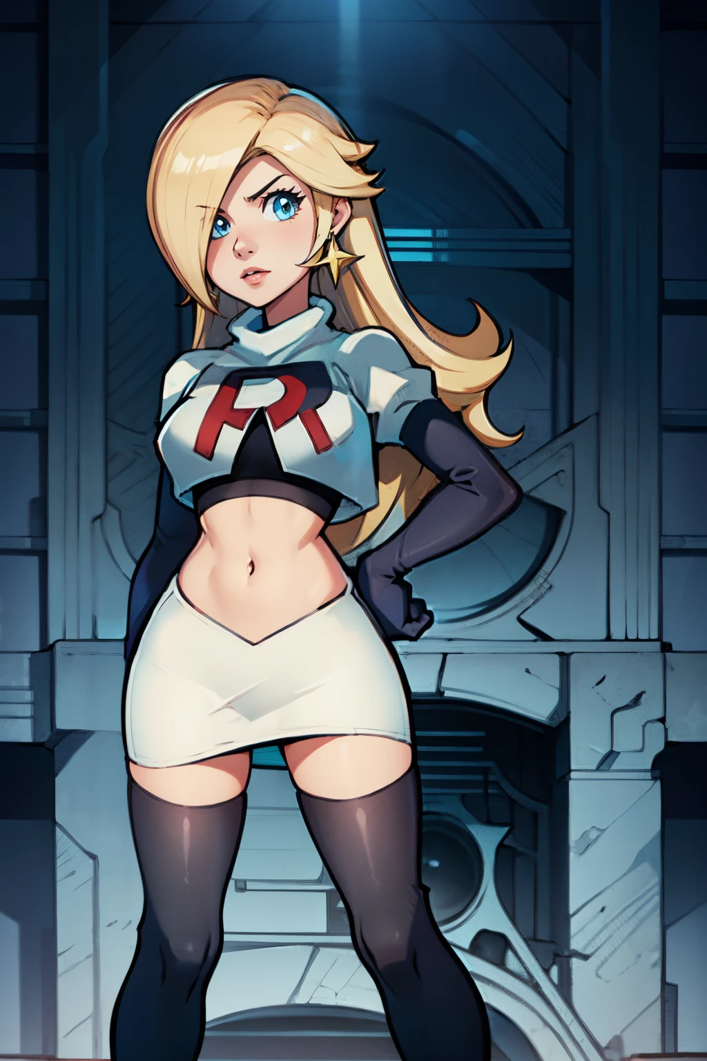 rosalina,team rocket,team rocket uniform, red letter R, white skirt,white crop top,black thigh-highs,black elbow gloves,