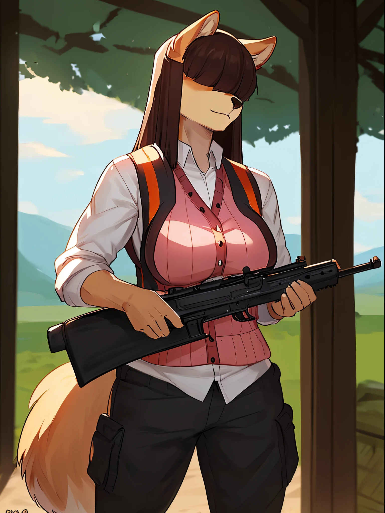 By bebebebebe, by lostgoose, by goonie-san, solo, female, standing, ears, (((white long sleeved shirt, pink sweater vest))), cargo pants, battlefield, canine, muscular, brown fur, big poofy tail, tail raised, (dark maroon hair), (((hair covering eyes, flat hair, straight hair))), big breasts, (((holding rifle, assault rifle, ak-47, kalashnikov rifle, russian rifle))), by pgm300