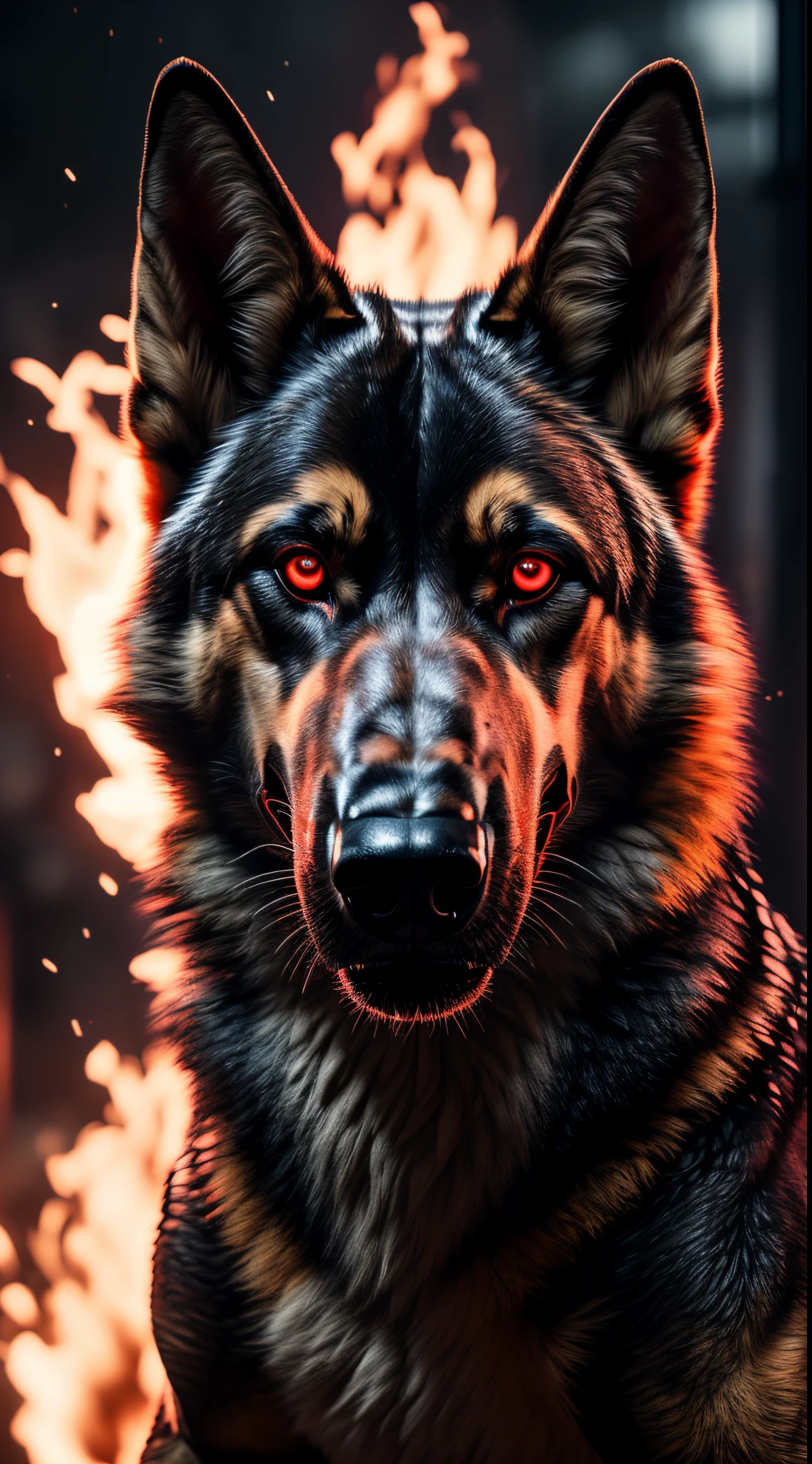(best quality,16k,32k,highres,masterpiece:1.2),ultra-detailed,(realistic,photorealistic,photo-realistic:1.37),(The ultimate Orochi German Shepherd) glowing red eyes realistic fire background of totally destroyed Zoo alone looking at the camera serious expression.
