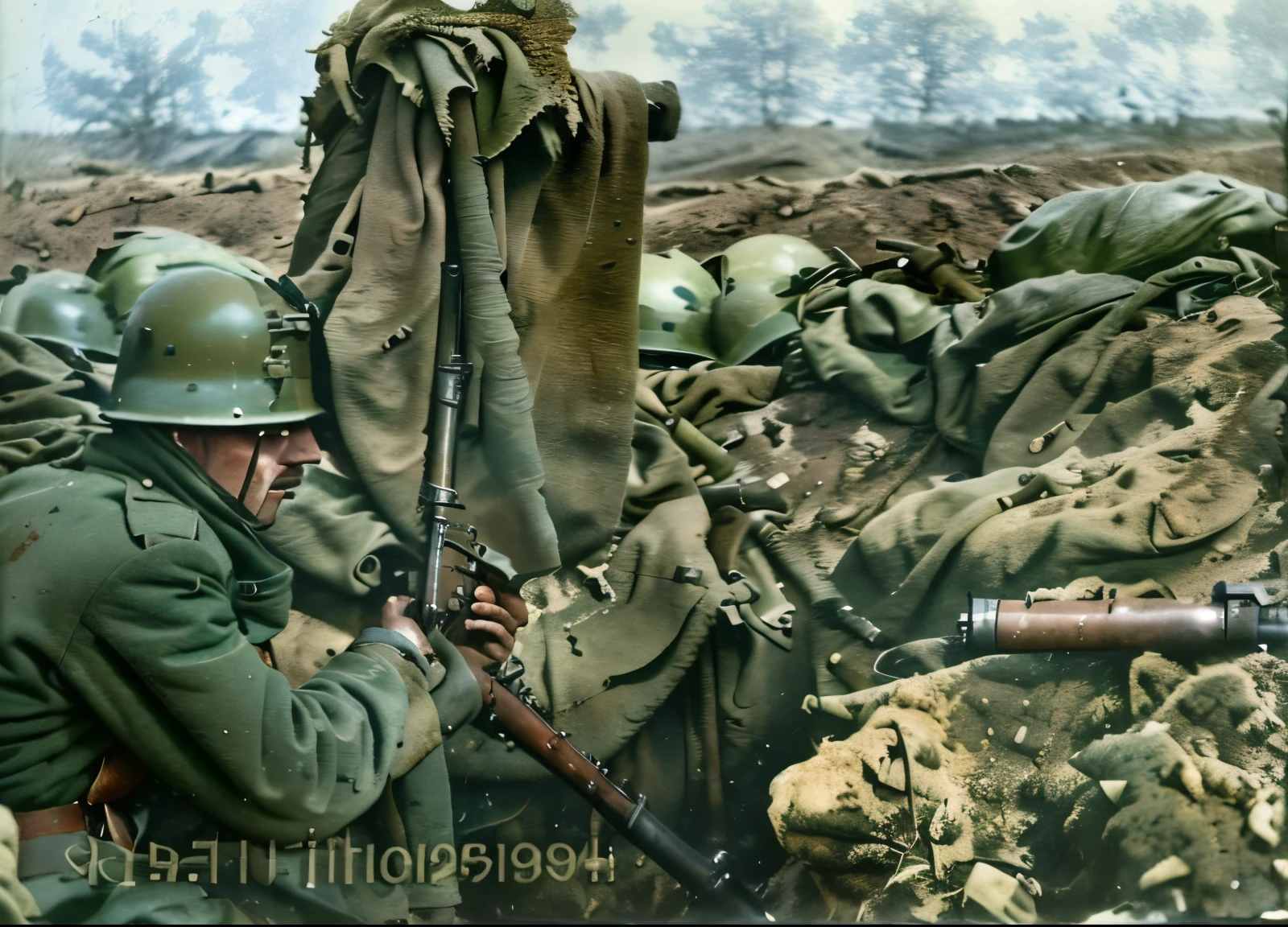 arafed soldier in a trench with a machine gun and a blanket, ww 2 historical photography, ww2 historical photography, war photography, anti-tank rifle, german and soviet soldiers, ww2 historical photo, war photo, ww2 photo, soldier under heavy fire, in trenches, door gunner, heavy machinegun on top, with anti aircraft guns