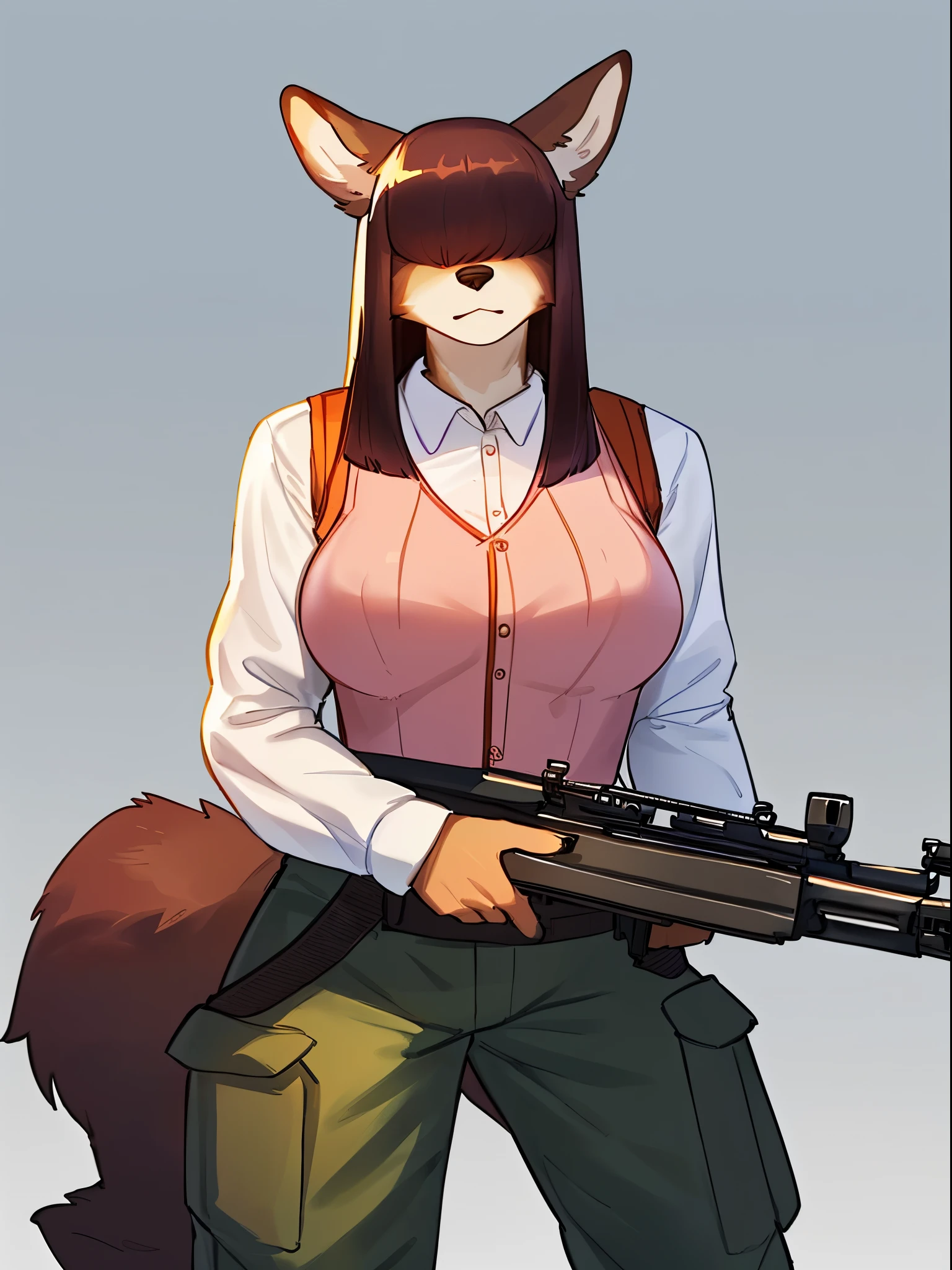 By bebebebebe, by lostgoose, by goonie-san, solo, female, standing, ears, (((white long sleeved shirt, pink sweater vest))), cargo pants, battlefield, canine, muscular, brown fur, big poofy tail, tail raised, (dark maroon hair), (((hair covering eyes, flat hair, straight hair))), big breasts, (((holding rifle, assault rifle, ak-47, kalashnikov rifle, russian rifle))), by pgm300