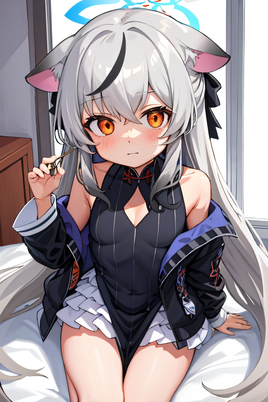 tmasterpiece， best qualtiy， ultra - detailed， 1girll，Gray hair Kokona， inside in room， orange eye， ：3，the face， closeup cleavage
