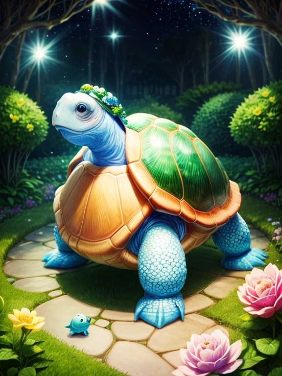 ((Fairytale)), ((The cute turtle illustration  drawn)), largeeyes, Round eyes, eyes glowing, (a variety of poseeautiful garden in the background, Colorful flowers bloom, Pink, blue and yellow flowers. bathed in light, The floor  studded with sparkling jewels. The light of diamonds and the light of emeralds spread out beautifully like stars.