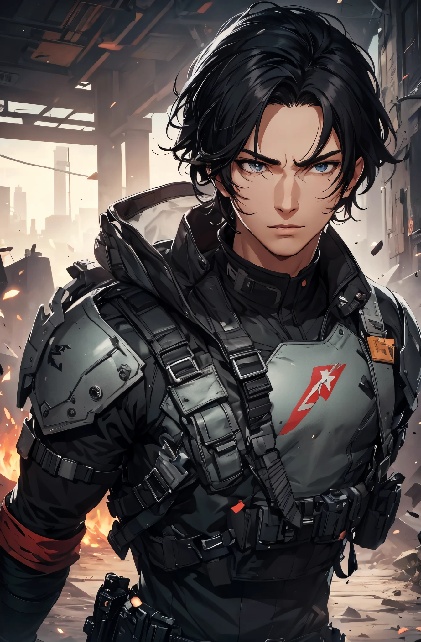 1man, handsome, wild black hair, middle part hair style, wearing combat suit, masterpiece, 4k, top quality, highly detailed, official art