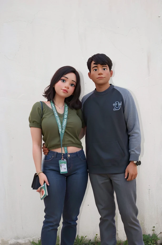 A disney pixar of a couple. there are two people standing next to each other in front of a wall, with ivy, at college, student, lovely couple, candid picture, with her long, wpol and sarasti, portrait, with wart, couple pose, portrait, taken with canon 8 0 d, 😭 🤮 💕 🎀, casual photography, casual pose, full body photogenic shot. 3D image.