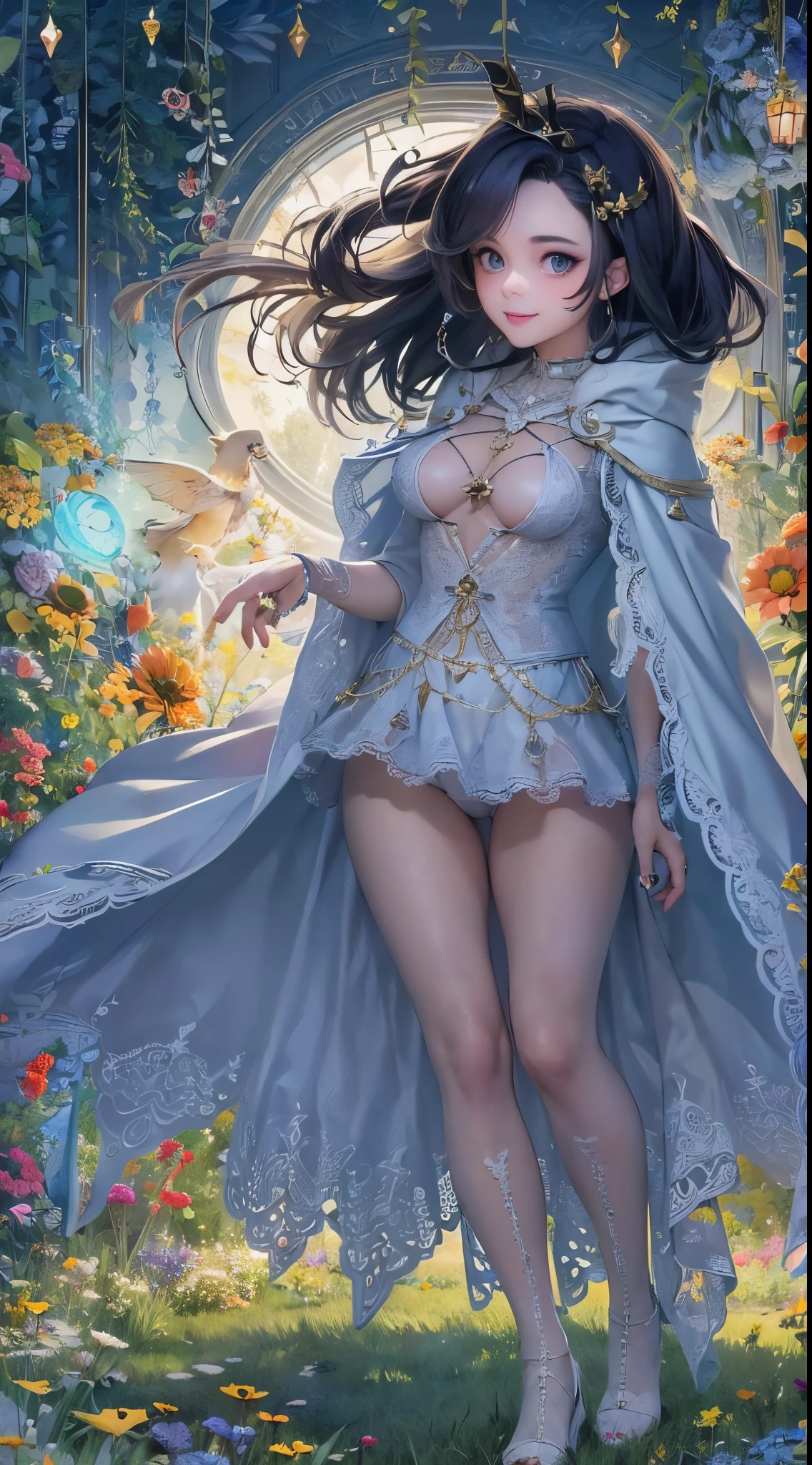 One lady,25-years old,(() ,(((colourfull))), (()), (())((I'm opening my mouth)),((micro skirt, bodysuit and short cloak))(A smile),,(A dark-haired,),((Fantasy,Moon Night))((Clothes are torn))