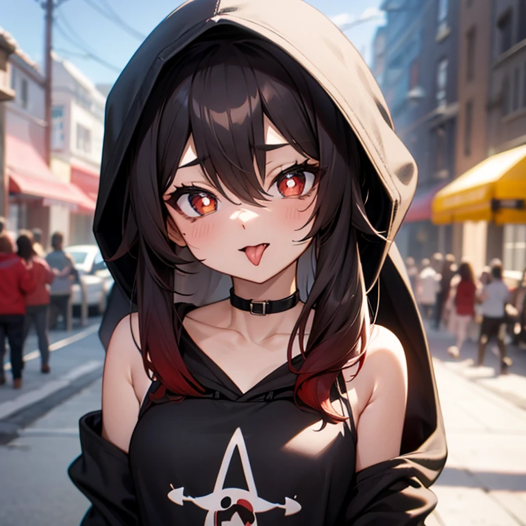 Hoodie, bare shoulder, tongue out, ahegao, loli