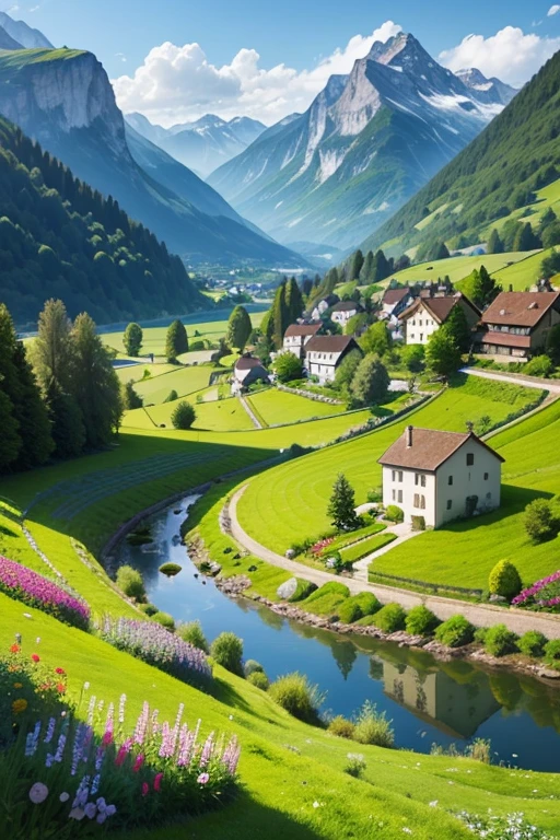 Peaceful and idyllic countryside, Rolling green hills dotted with grazing sheep, Charming villa,Surround yourself with vibrant flowers, clear blue sky overhead, evoke a feeling of calm and simplicity, charming valley, switzerland, patches of green fields, (Planting cabbage 1.2),lush countryside, Valle exuberante,An idyllic village in Milan,,verdant green fields,above a village,Rolling terraces,Colorful garden,(Planting cabbage),Alpine scenery of Swiss countryside under the Alps,Carl Sessel Bern,majestic nature, Swiss architecture, lindo cenario, Rios,waterfall man