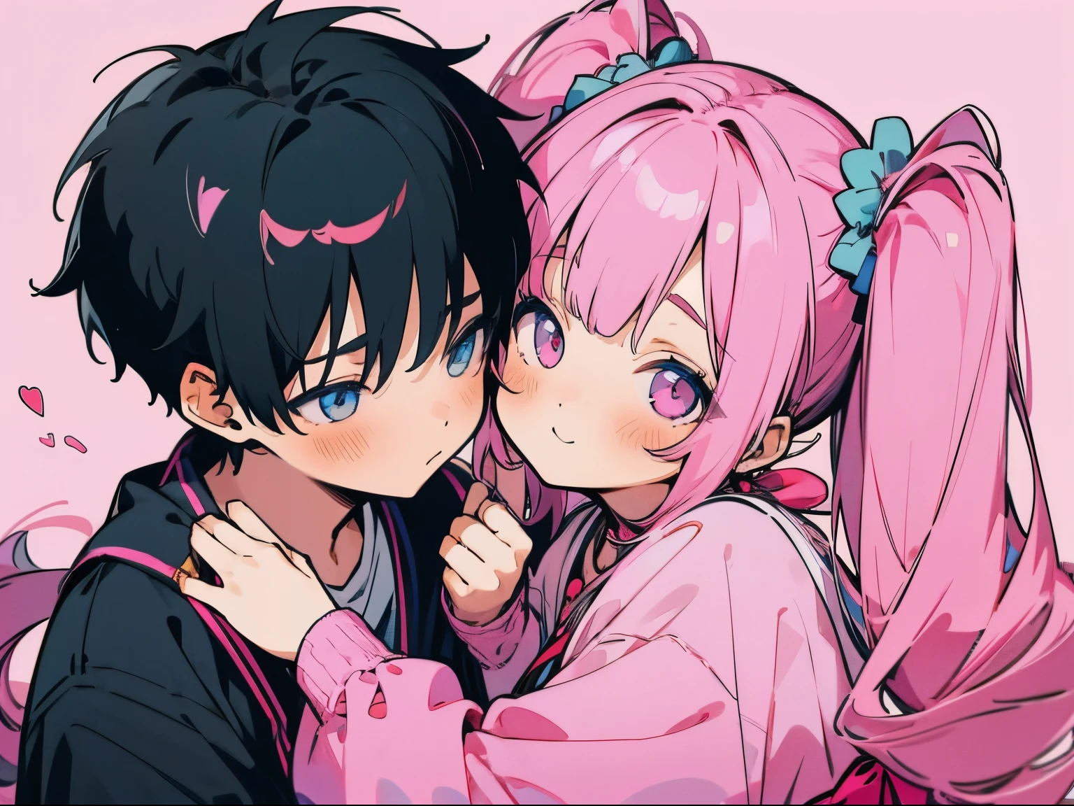 1 boy 1 girl The girls have twin tails Shota Pink Cute Looks like they're getting along Closely attached Chin piece Jersey Close Cheeks touching High quality High quality High resolution