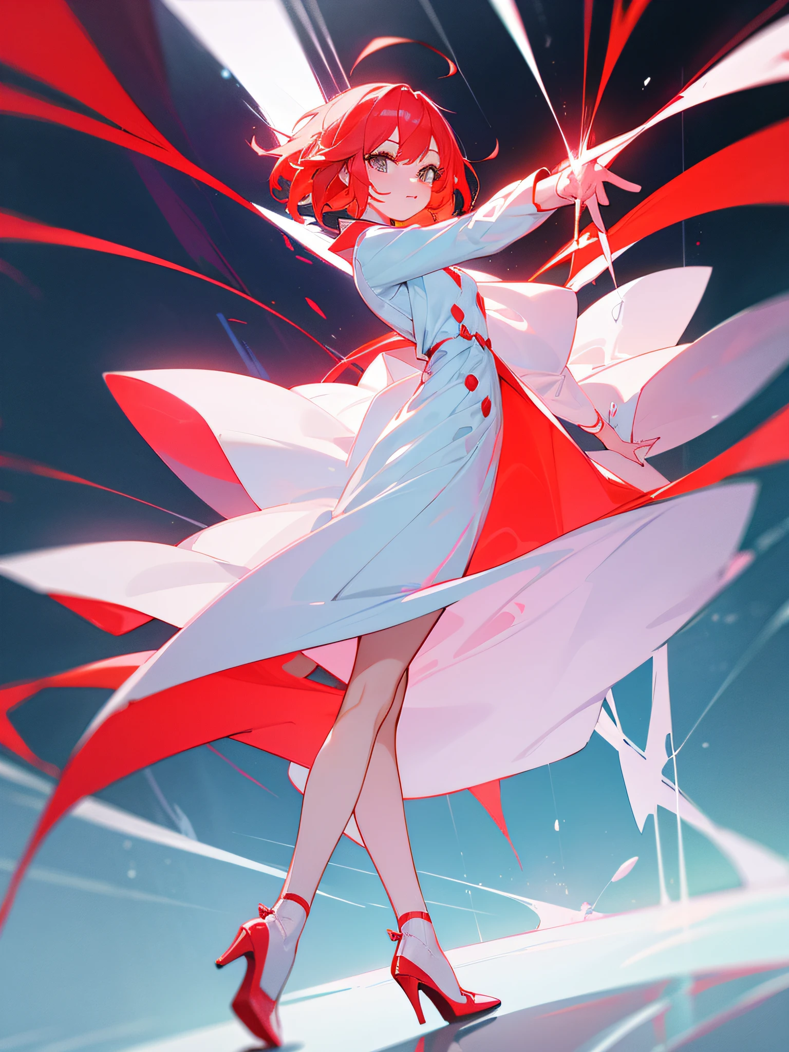 adult lady、Vibrant poses、FULL BODYSHOT、white dres、White Pin Heels、white neon on clothes、Red-haired、Ahoge、Hair that grows to the waist、Looking at the camera、Overall red neon atmosphere、Lightning wraps around my body