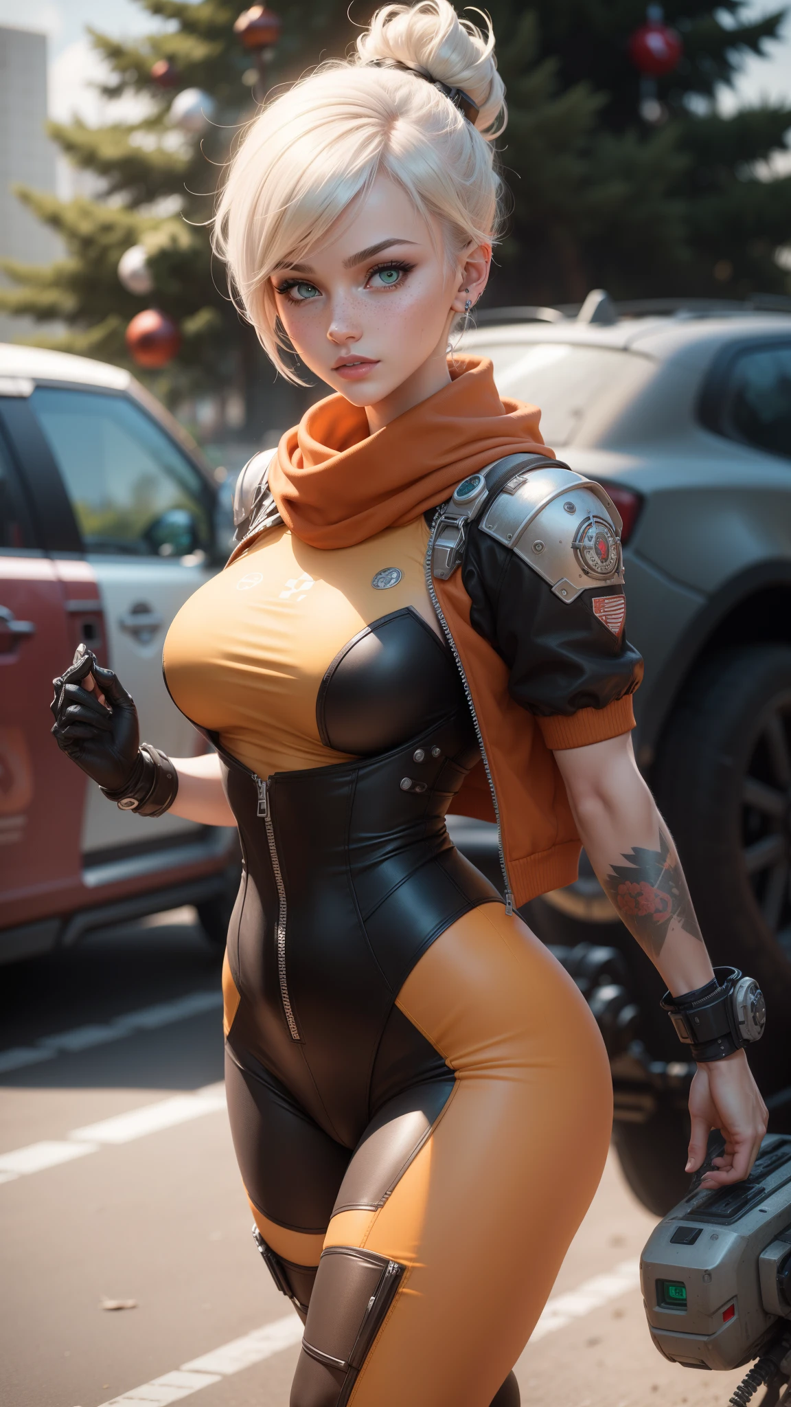 gwen tennyson,yorha 2b,tracer,rebecca chambers,overwatch,gundam,close up,christmas workshop,tattoos,orange plugsuit,short sleeve pilot leotard,short sleeve cyborg pilot jacket,orange sport leggings,mech pilot leather corset,short hair,punk makeup,green eyes,multicolored silver hair,sexy smile,freckles,beautiful girl,large breasts,8k,ultra detailed,realistic,fantasy art,steel armor,cyborg armor,gundam armor,mech pilot uniform,pilot scarf,hair pin,ear piercings,christmas tree,punk hand and neck jewelry,walking,(weather:windy),arc reactor,
