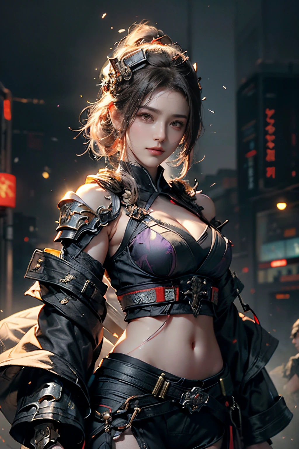 high high quality,A high resolution,masterpiece,8K,(Hyperrealistic photos),(Portrait),digital photography,(真实感:1.4),20岁女孩,exquisite facial features,a purple eye,Red Eyeshadow,((Chinese warrior in cyberpunk style)),Random hairstyles,(red tinted hair),Big breasts,Cleavage,(Cyberpunk combat suit that mixes sci-fi and ancient style,Openwork design,Metal shoulder pads,complex clothing patterns,Bamboo hat),(Show navel),Keep your mouth shut,Frowning,ssmile,Cold and serious,extremely detailed expression,realistic detail,Light magic,Photo pose,oc render reflection texture