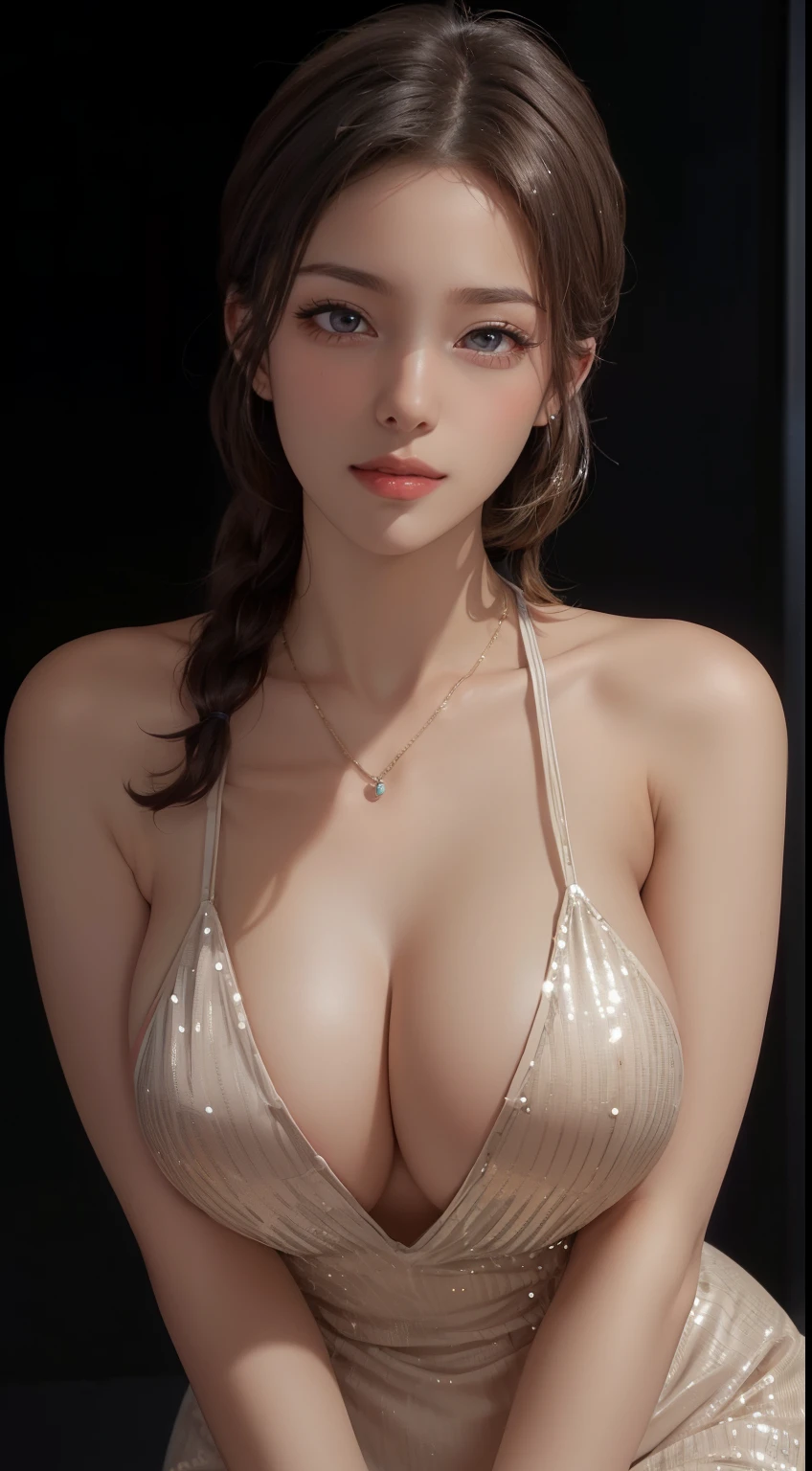 8K, masutepiece, Raw photo, Best Quality, Photorealistic, Highly detailed CG Unity 8k wallpaper, depth of fields, Professional Lighting, Ray tracing, (Extremely beautiful face, Beautiful lips, Beautiful eyes), intricate detail face, ((Ultra detailed skin)) 1girl in, deepshadow, Cute girl s, ((Looking at Viewer)), (seducting smile), (Blurry background), (large boob), earrings, Bracelets, Necklace, Clear eyes, black backgrounds, Front shot, (pale skin), Face forward, (Big eyes), (Camel toe), (Wear a low-cut sequin dress), (poneyTail), (fully body photo:1.3),(Sexy Beauty),nightclubs