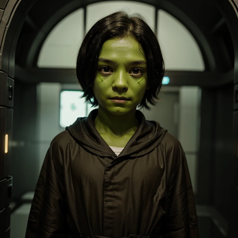 A ten year old alien human boy looks at the camera. He has green skin and black hair. He wears brown robes