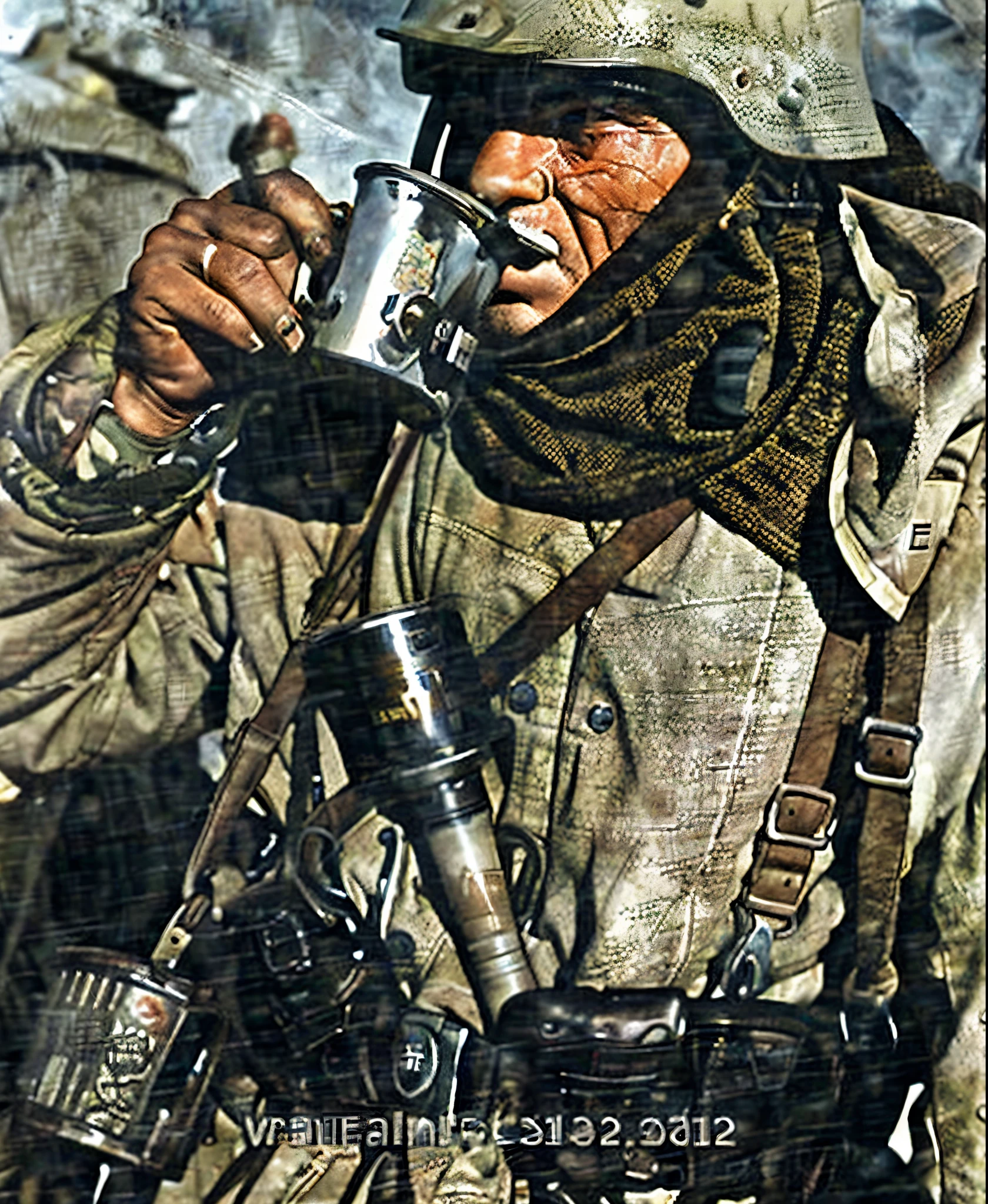 arafed soldier with a coffee mug in his hand, soldier with a gasmask, maschinen krieger, ww 2, ww2, ww 2 historical photography, ww2 historical photography, detail, stormtrooper fighting in ww2, stalingrad, japan soldier in world war 2, german and soviet soldiers, ww2 era, close - up view