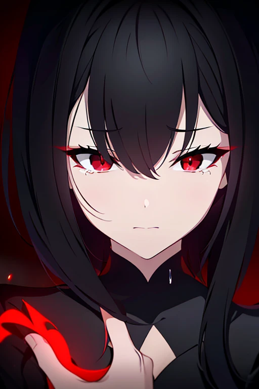 scene:0.9, (masterpiece), best quality, (((ultra detailed, 8k quality))), looking at viewer, (flowing black hair, side bang, expressive red eyes:0.7, glowing red eyes), (depth perception:0.7, black background, blurry background), ((torso)), (((centered))), feminine, sad, lonely, crying, distraught face, surrounded by darkness, (distanced), ((in the distance surrounded by darkness)), looking at viewer , ((perfect hand touching face)), ((((wide shot))))