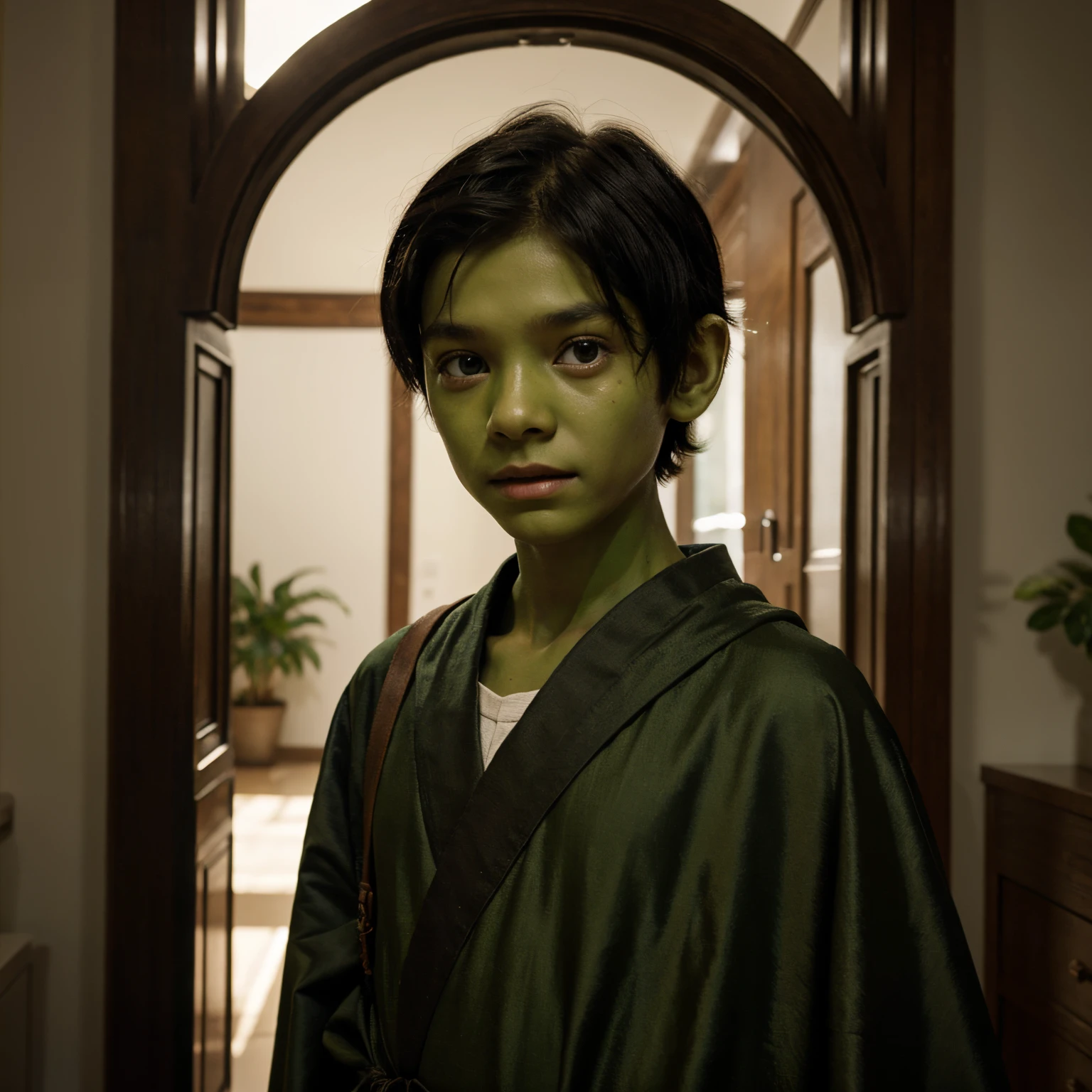 A ten year old alien human boy looks at the camera. He has green skin and black hair. He wears brown robes