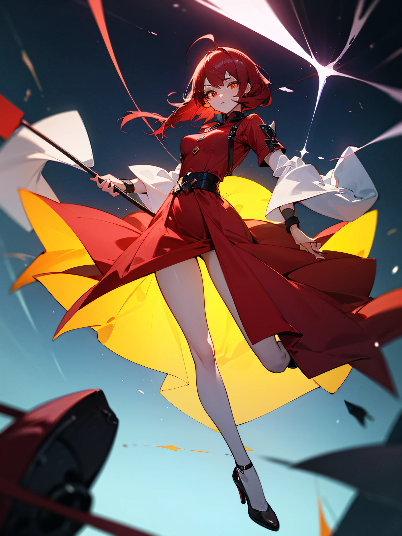 adult lady、Vibrant poses、FULL BODYSHOT、Red dress、Black pin heels、clothes black neon、Red-haired、Ahoge、Hair that grows to the waist、Looking at the camera、Overall black neon atmosphere、Black lightning