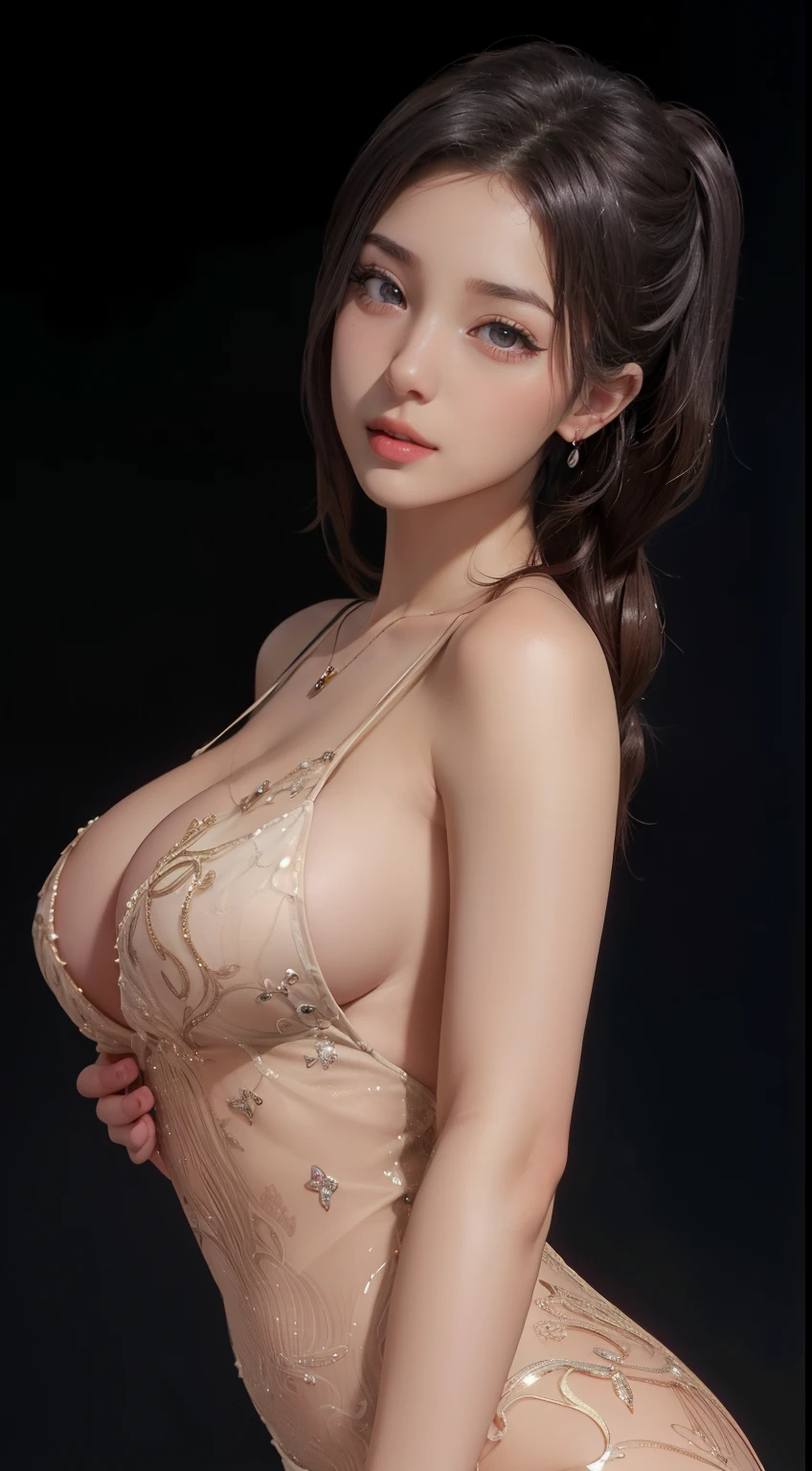 8K, masutepiece, Raw photo, Best Quality, Photorealistic, Highly detailed CG Unity 8k wallpaper, depth of fields, Professional Lighting, Ray tracing, (Extremely beautiful face, Beautiful lips, Beautiful eyes), intricate detail face, ((Ultra detailed skin)) 1girl in, deepshadow, Cute s, ((Looking at Viewer)), (seducting smile), (Blurry background), (large boob), earrings, Bracelets, Necklace, Clear eyes, black backgrounds, Front shot, (pale skin), Face forward, (Big eyes), (Camel toe), (Wear a low-cut sequin dress), (poneyTail), (fully body photo:1.3),(Sexy Beauty),nightclubs