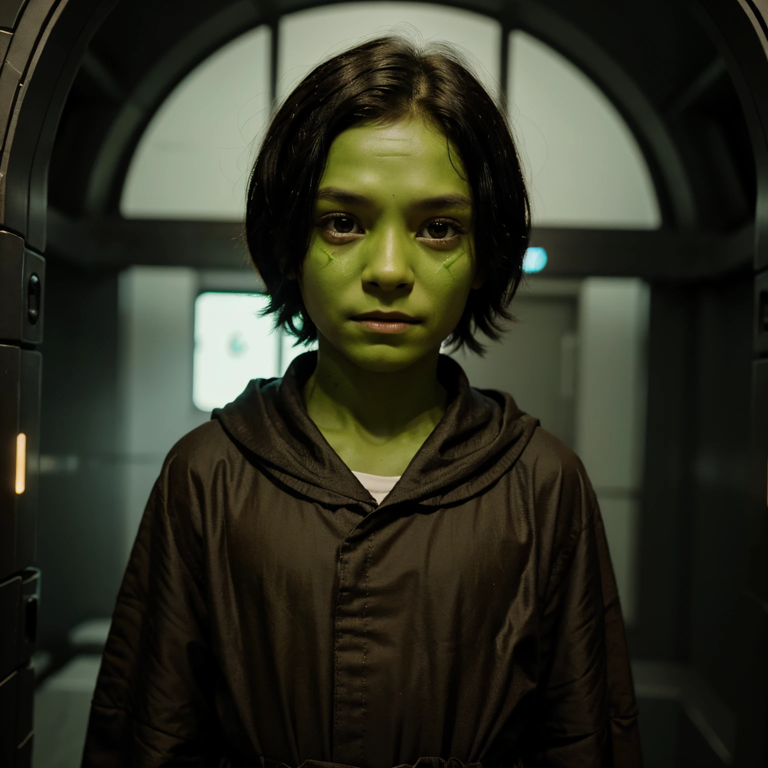 A ten year old alien human boy looks at the camera. He has green skin and black hair. He wears brown robes