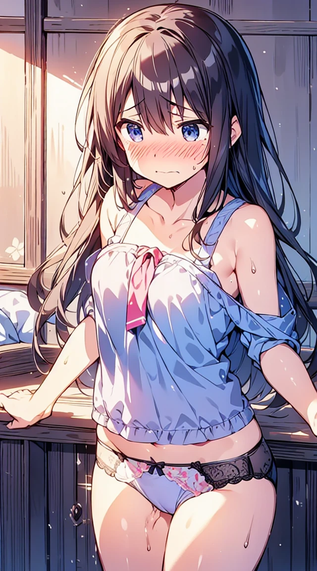 masutepiece, Best Quality,Illustration, Wallpaper, Ultra Detail, Little Face Lori、(((molesting)))、((embarrassed:1.3))、(Teary-eyed:1.5)、(((Cute underwear)))、ample breasts、cherry-colored areola、Long hair